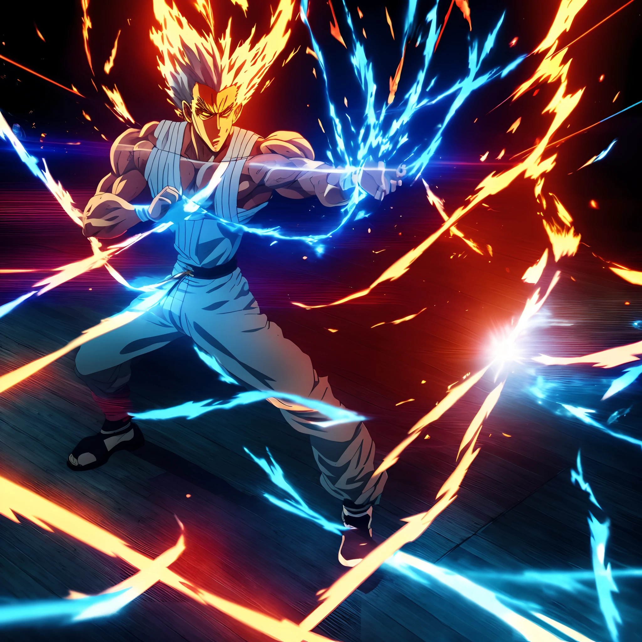 Garou, anime artstyle, wearing long pants,Kung Fu shoes,injured body,blue light coming from hands, fighting position, exhaling, concentrated, extremely detailed, highest quality digital art,