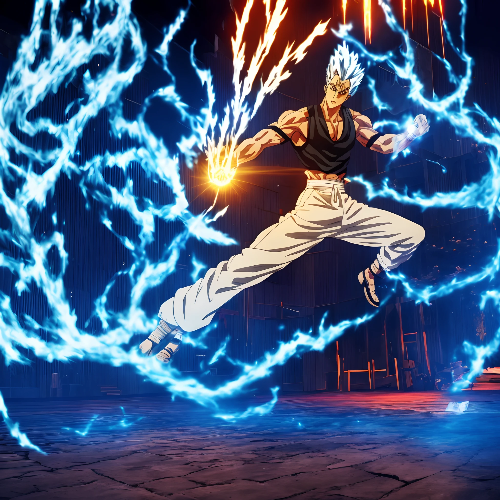 Garou, anime artstyle, wearing long pants,Kung Fu shoes,injured body,blue light coming from hands, fighting position, exhaling, concentrated, extremely detailed, highest quality digital art,