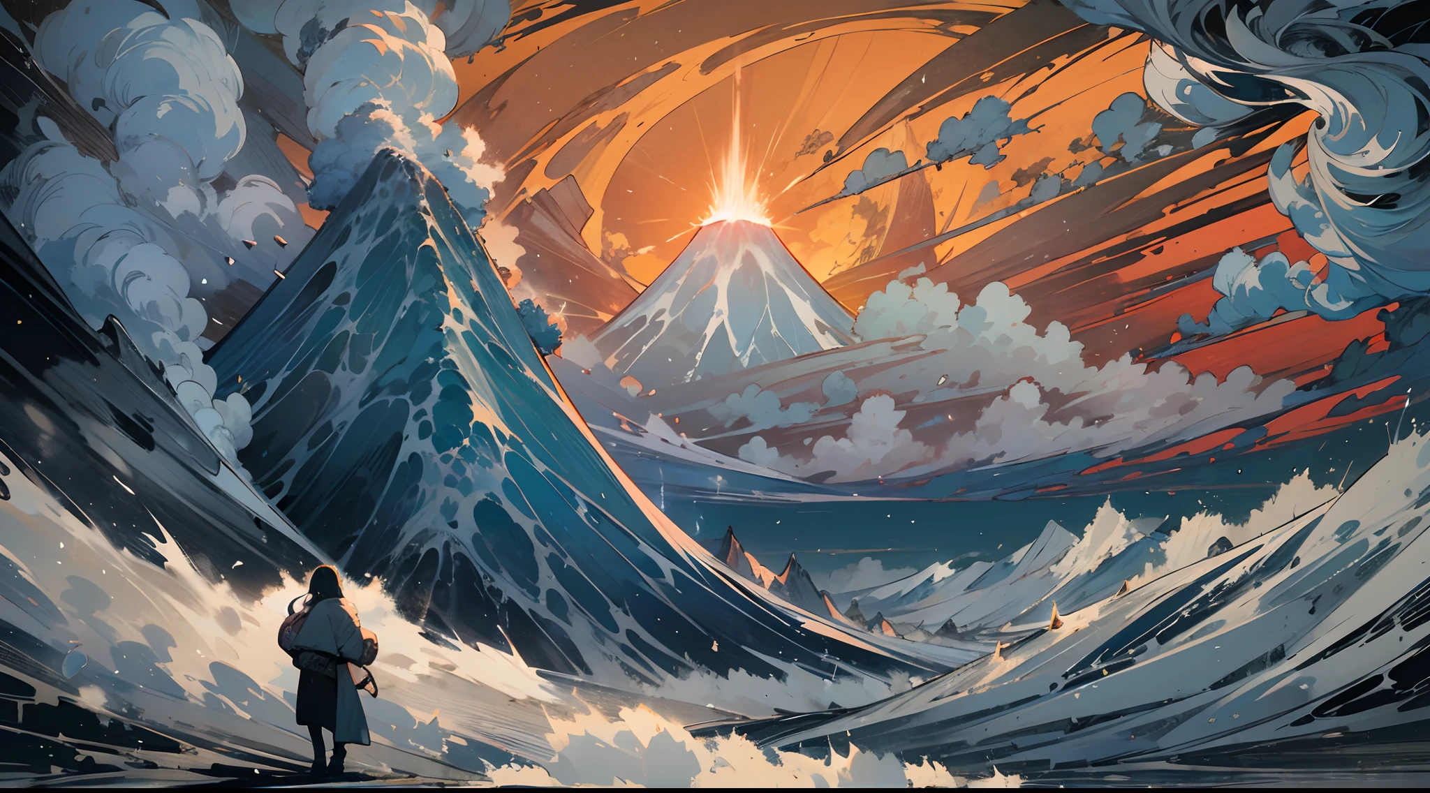 An epic volcanic eruption illustrated in a detailed digital illustration, influenced by Hokusai, showcasing a colossal volcano belching plumes of smoke and ash into the night sky, with a cool-toned color palette dominated by shades of blue and gray, creating a sense of impending doom. The scene depicts a lone figure gazing at the spectacle in the distance