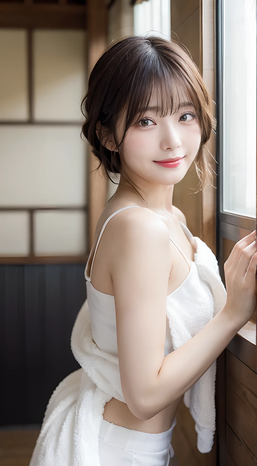 (top-quality,master-piece:1.3,超High resolution,),(ultra-detail,caustics),(real light:1.4,RAW photography,)Ultra-realistic capture,high-detail,16K high-resolution human skin close-up images。 Natural texture、,Pores are、It must be detailed enough to be easily identifiable.。 The skin should look healthy with a uniform tone.。 Use natural light and color,(Wet hair),(Hold the towel with your hands.:1.2),(Wipe your hair with a towel.:1.2),Girl with,japan,20 age,kawaii,smile,dark hair,short cut,Wearing camouflage,short pants,Normal size,(Chest shot up)