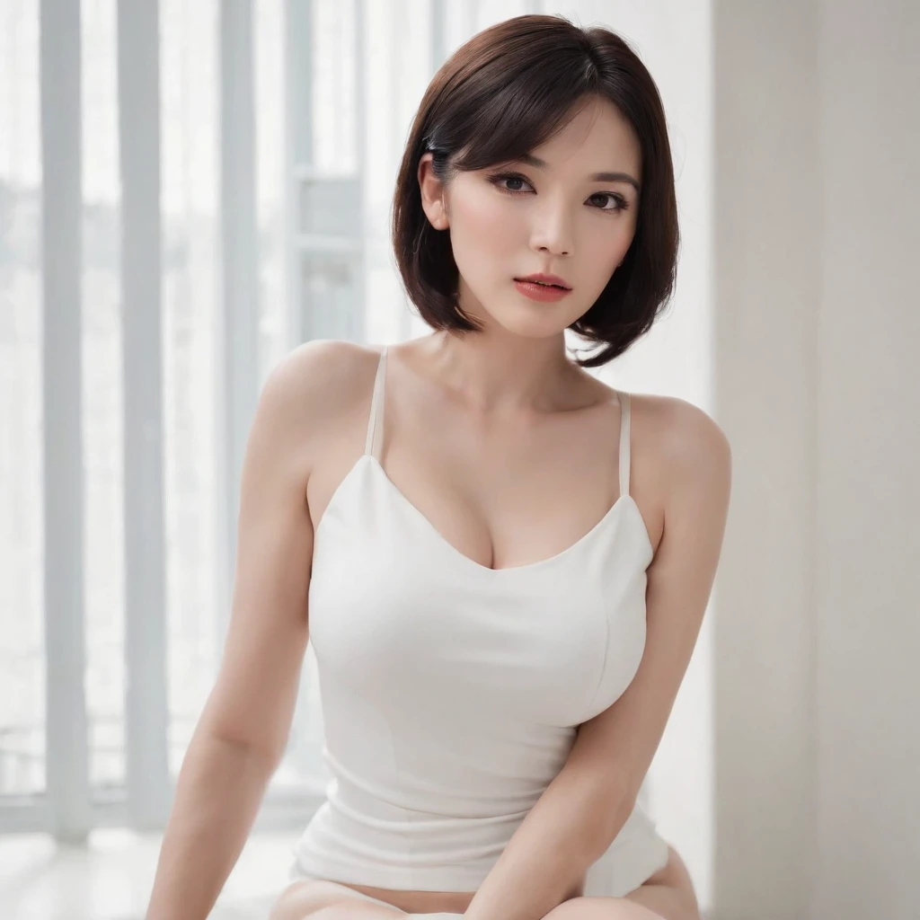 full bodyesbian, Long legs, , perfect figure beautiful woman, with short black hair, breast enhancement,white tight t-shirt,Not wearing underwear,Pit points, White cropped pants,High heels,office room,Detailed facial and skin texture, 詳細な目,The upper body top-down view masterpiece Sony
