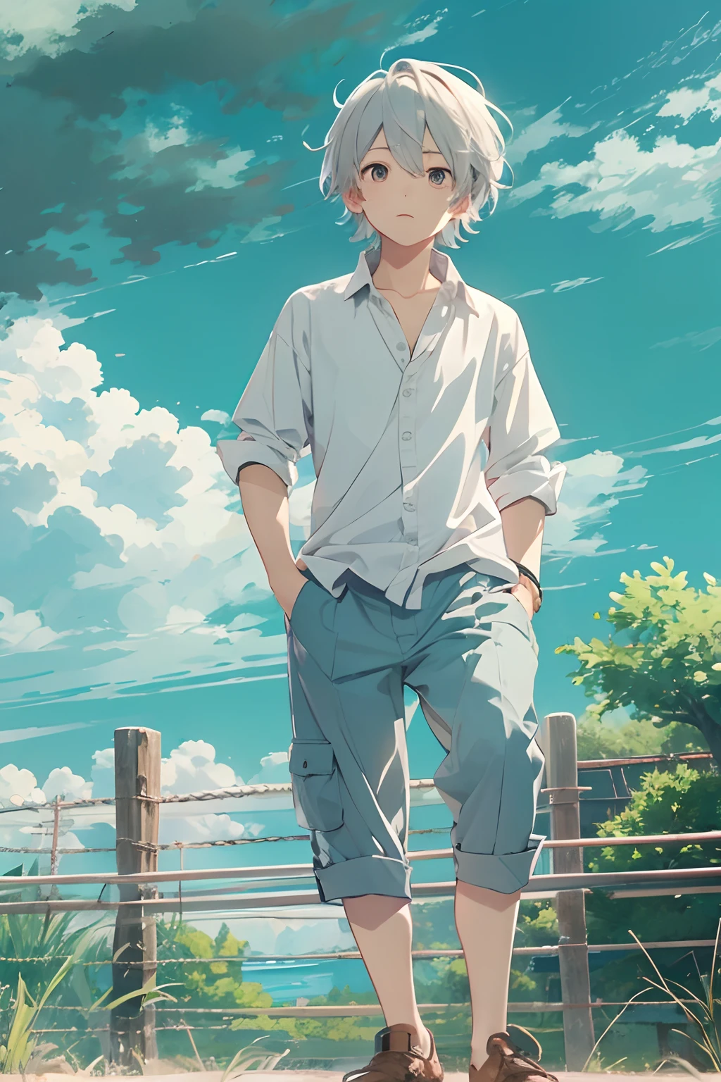 Very beautiful boy、silber hair、country scenery、White cutter shirt、half-pants、Natural lighting、Studio Ghibli、blue-sky、hight resolution、best quality,