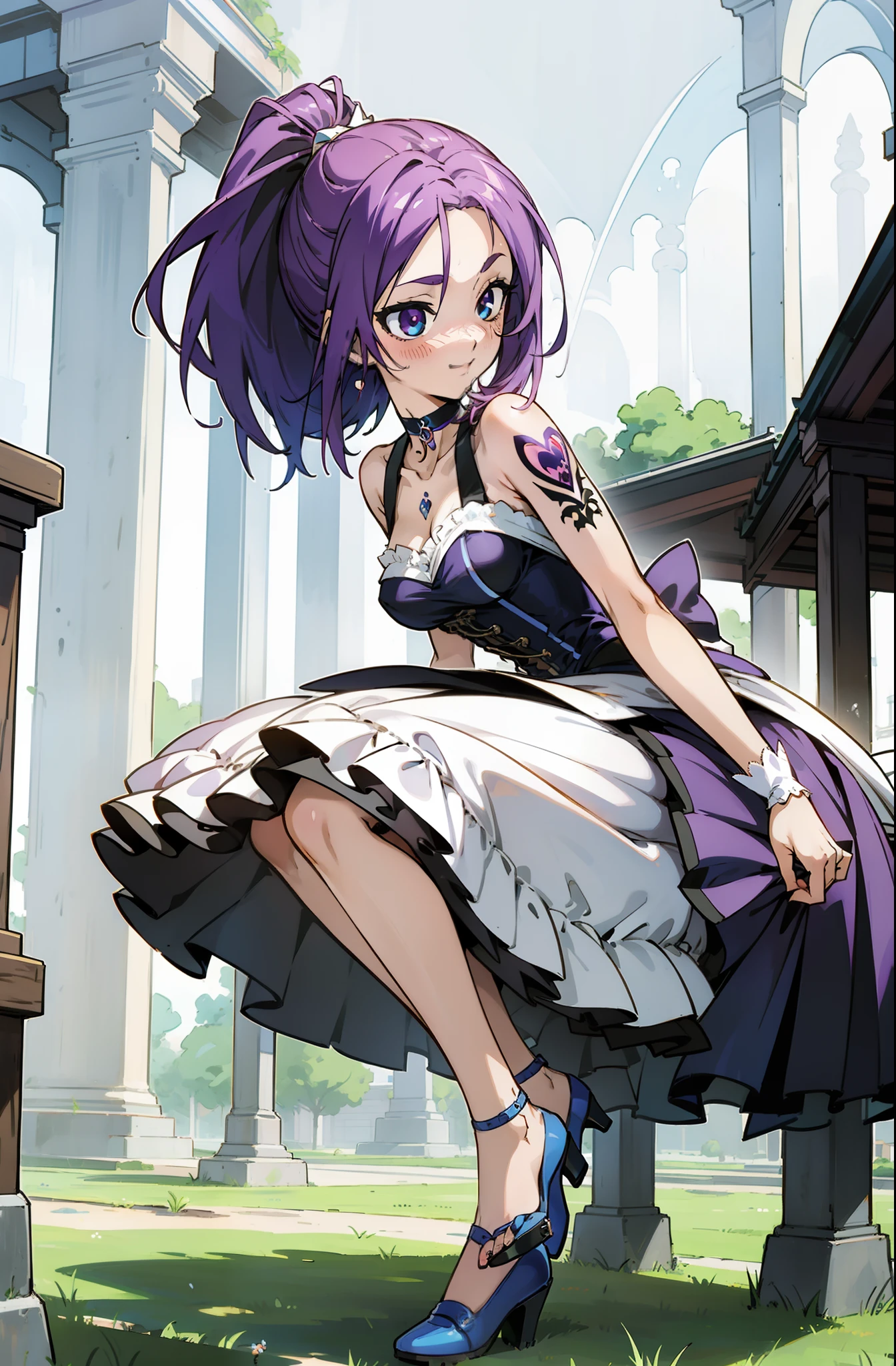 Colorful, Up-close, purple color  hair, Ultra-realistic hair quality, Vibrant colors, Young Girl, 14years old girl, Beautiful long hair, Shiny hair, detailed hairs, Hair Ribbon, Single-sided up, Left ponytail, Reo Mikage, Blue Lock, no sleeves, Sleeveless, Open shoulders, Cinderella, Drawing, Panniers and Cinderella, Cinderella Dresses, Lace dress, long-one-piece dress, White stockings, Stockings, Chest exposure, Lace underwear, Metamorphosis is exposed, buckles, Choker, Black Choker, complete fingers, Five Fingers, Two arms, Two hands, The tattoo, body tattoo, arm tattoos, Blue Rose Tattoo, Tattoo on the wrist, Tattoo on the thigh, Relative area, Sexy breasts, Big breasts, red blush, 1girl in, Solo, Sharp face, Heterochromia, Green eyes, Purple eyes, Bare neck, Happy face, lightsmile, Skirt in dress, Panniers in dresses,Sitting on the premises, Scenery of Shanghai, Castles, crouching down, Bare legged, Sandals, masutepiece, Ultra-detailed, Hyper-detailing, Anime, Anime style, Best Quality