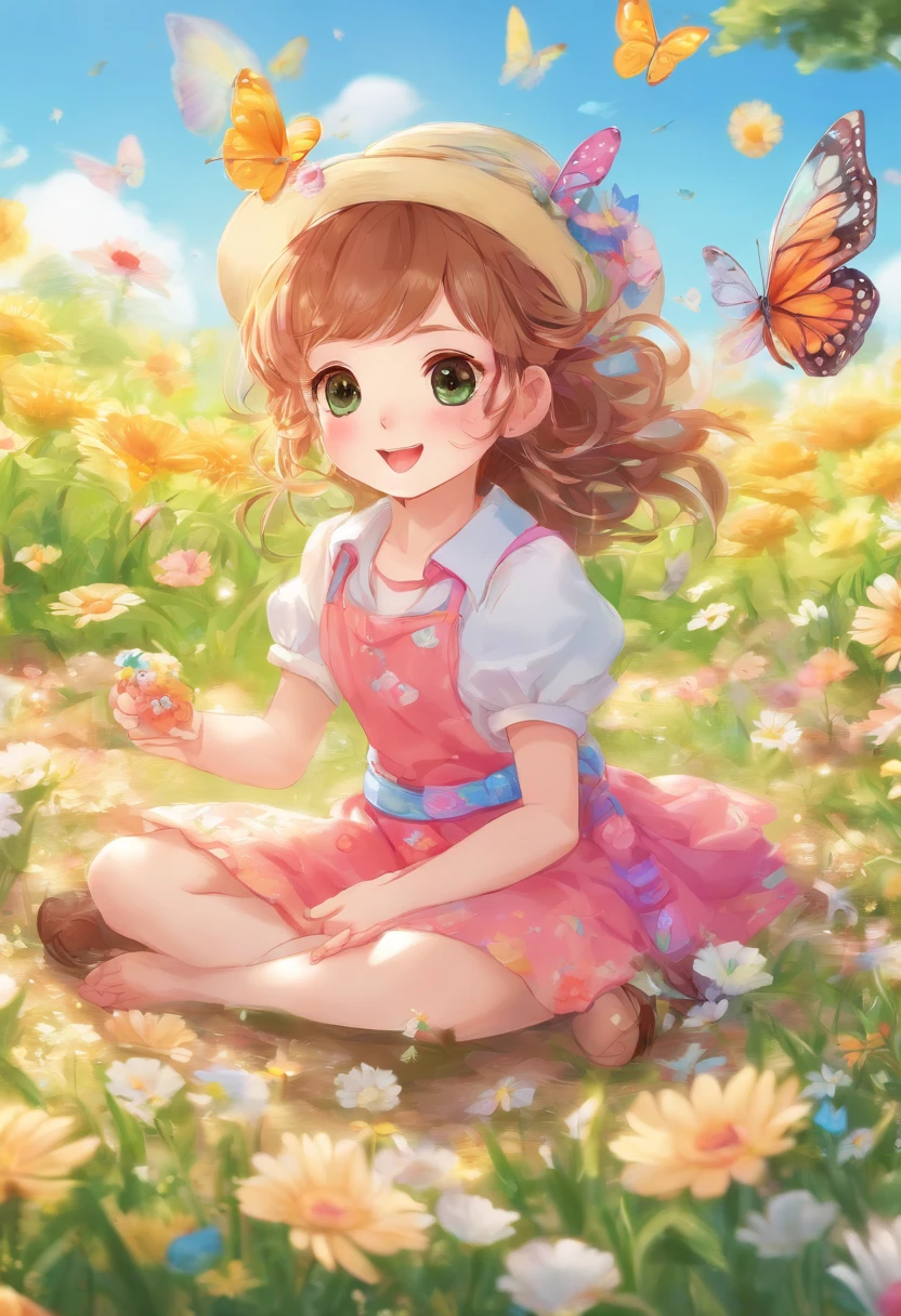 High Detail, Ultra Detail, 8K, Ultra High Resolution A cute and innocent girl, child, toddler, enjoying her time in the open field, surrounded by the beauty of nature, warm sun sprinkling on her, wildflowers gently swaying in the breeze. Butterflies and birds flutter around her, adding to the playful atmosphere,