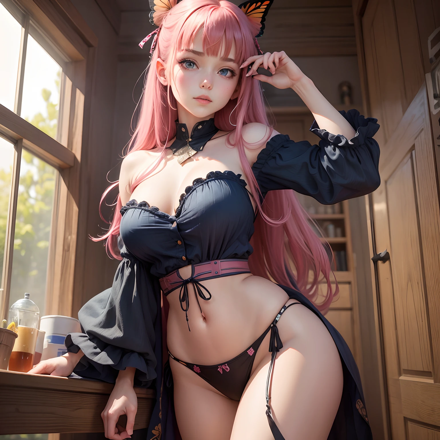 8k, masterpiece, best quality, realistic, higly detailed, cowboy shot, 1girl, solo, Nino, cute, cold-looking girl, waist-length straight hair, square bangs hanging over eyebrows, reddish-pink hair, twin butterfly-shaped ribbons on both sides of head, dark blue eyes, average height, well-endowed figure, large breasts, fashionable girl, various cute accessories, takes care of nails, Temperancer
