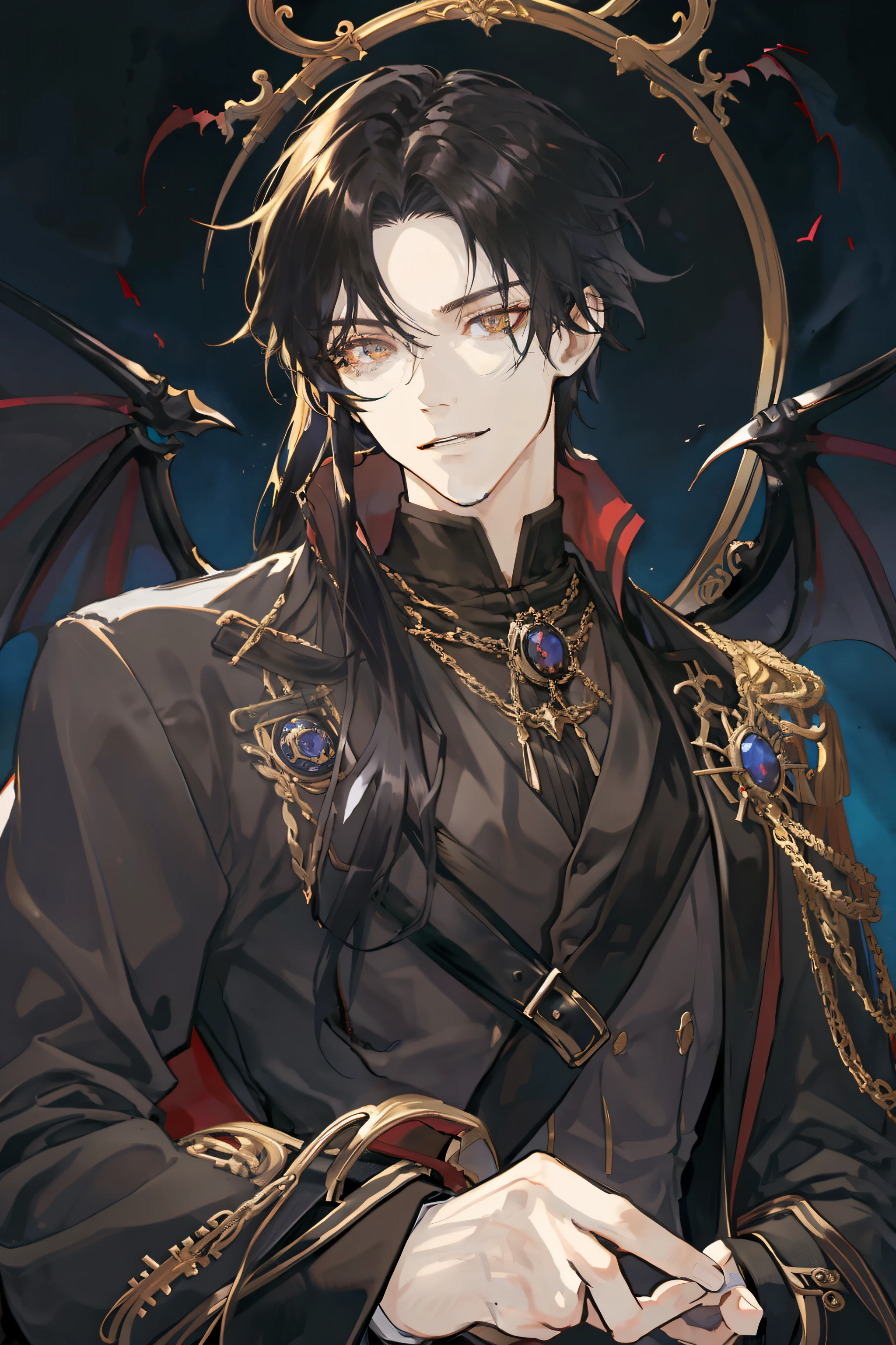 tmasterpiece、Need、1male people、AS-Adult、Tall muscular man、dark themes、Vampires、Golden eyes,brunette color hair,gentleness,(The upper part of the body),Black Tailcoat,ssmile,courteous,solidcolor