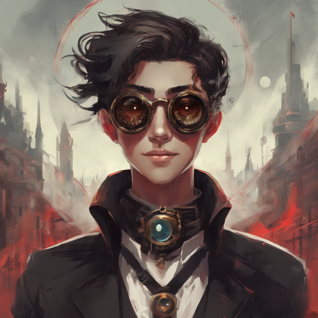 adolescent with steampunk glasses above eyes with black clothes with straight medium hair with smile with red eyes