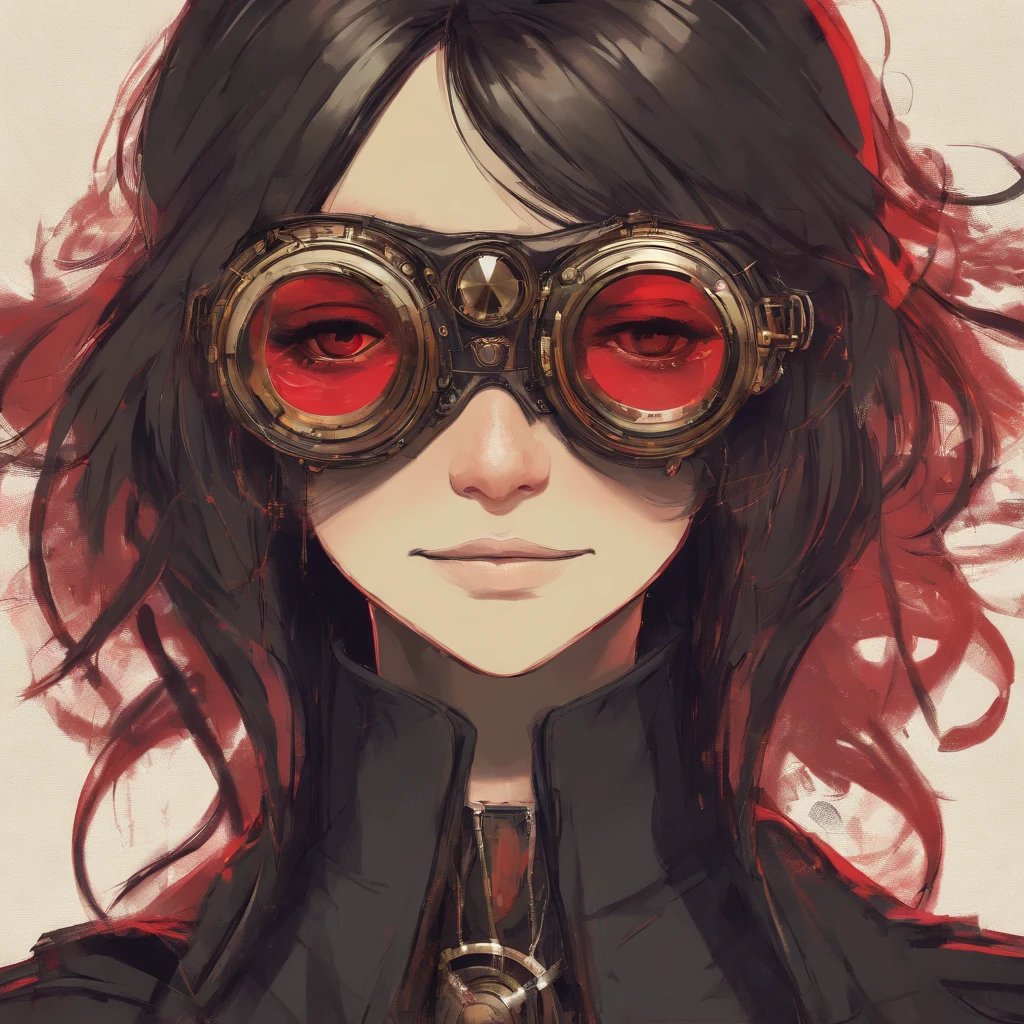 adolescent with steampunk glasses above eyes with black clothes with straight medium hair with smile with red eyes