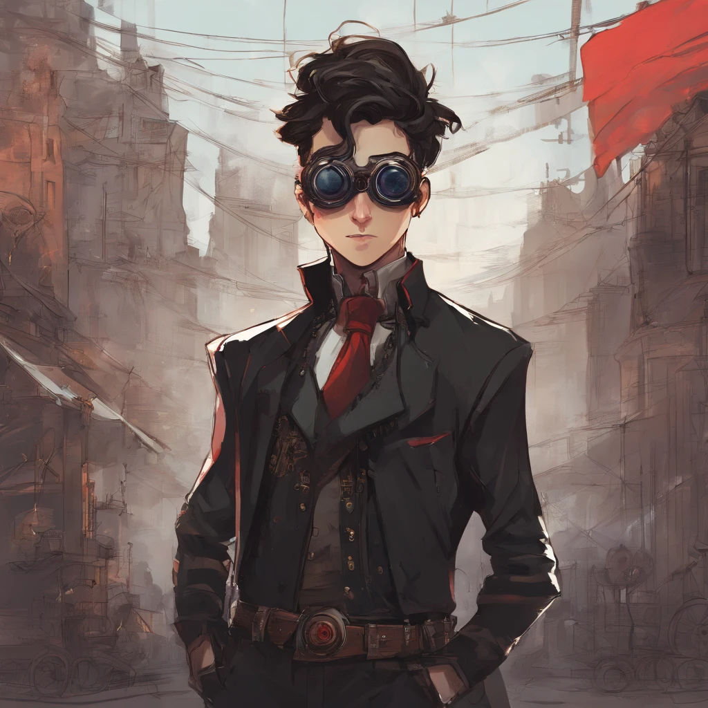 adolescent with steampunk glasses above eyes with black clothes with straight medium hair with smile with red eyes