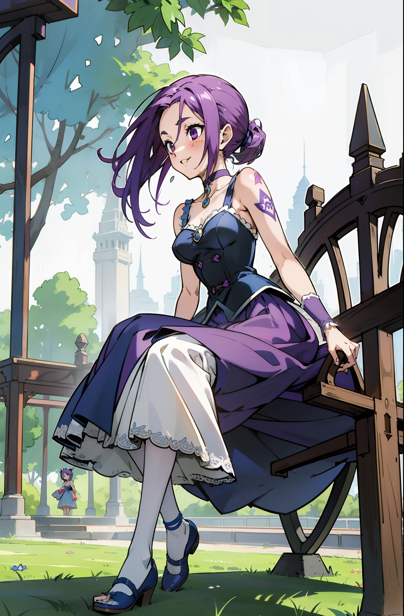 Colorful, Up-close, purple color  hair, Ultra-realistic hair quality, Vibrant colors, Young Girl, 14years old girl, Beautiful long hair, Shiny hair, detailed hairs, Hair Ribbon, Single-sided up, Left ponytail, Reo Mikage, Blue Lock, no sleeves, Sleeveless, Open shoulders, Cinderella, Drawing, Panniers and Cinderella, Cinderella Dresses, Lace dress, long-one-piece dress, White stockings, Stockings, Chest exposure, Lace underwear, Metamorphosis is exposed, buckles, Choker, Black Choker, complete fingers, Five Fingers, Two arms, Two hands, The tattoo, body tattoo, arm tattoos, Blue Rose Tattoo, Tattoo on the wrist, Tattoo on the thigh, Relative area, Sexy breasts, Big breasts, red blush, 1girl in, Solo, Sharp face, Heterochromia, Green eyes, Purple eyes, Bare neck, Happy face, lightsmile, Skirt in dress, Panniers in dresses,Sitting on the premises, Scenery of Shanghai, Castles, crouching down, Bare legged, Sandals, masutepiece, Ultra-detailed, Hyper-detailing, Anime, Anime style, Best Quality