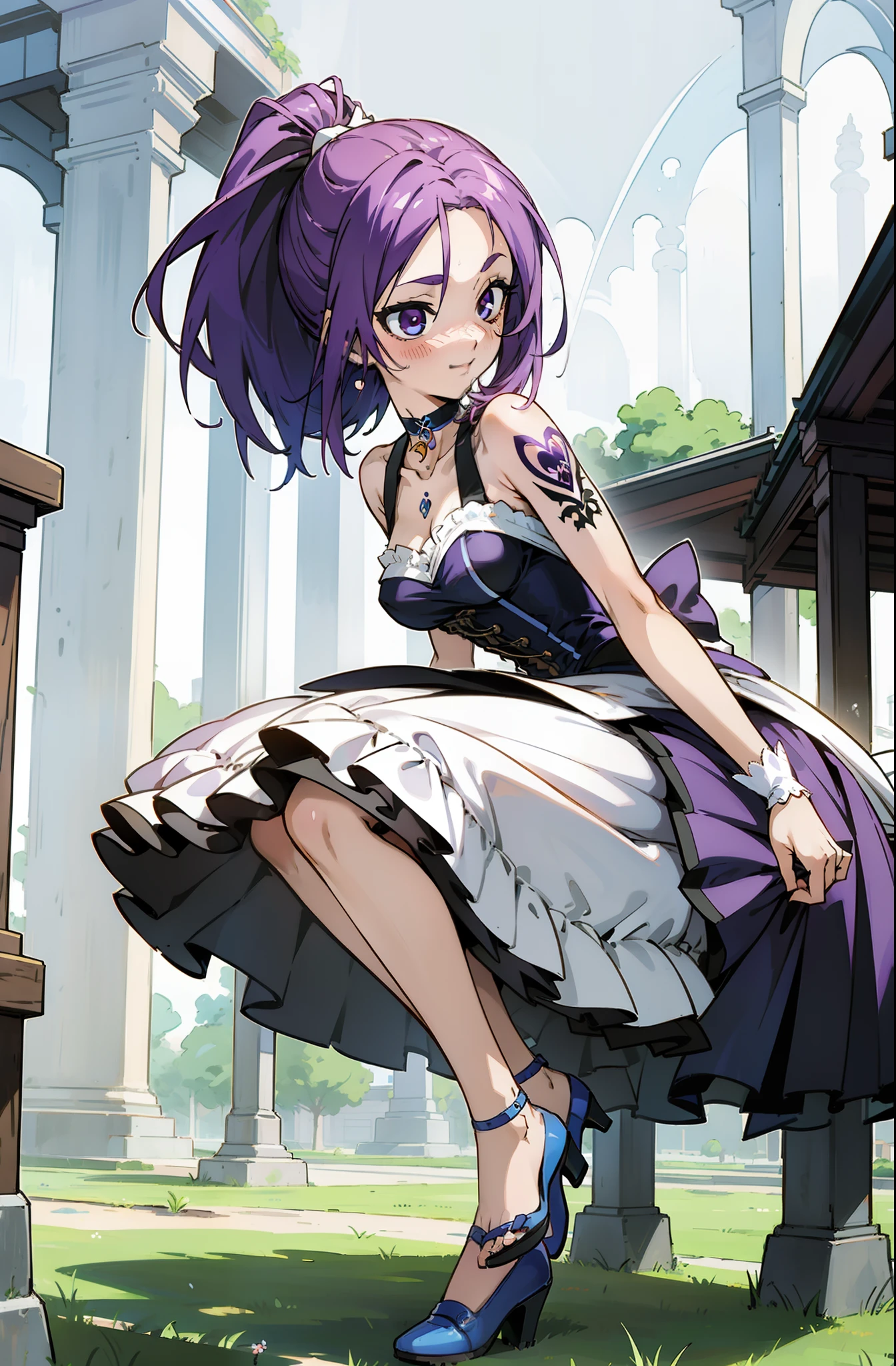Colorful, Up-close, purple color hair, Ultra-realistic hair quality, Vibrant colors, Young Girl, 14years old girl, Beautiful long hair, Shiny hair, detailed hairs, Hair Ribbon, Single-sided up, Left ponytail, Reo Mikage, Blue Lock, no sleeves, Sleeveless, Open shoulders, Cinderella, Drawing, Panniers and Cinderella, Cinderella Dresses, Lace dress, long-one-piece dress, White stockings, Stockings, Chest exposure, Lace underwear, Metamorphosis is exposed, buckles, Choker, Black Choker, complete fingers, Five Fingers, Two arms, Two hands, The tattoo, body tattoo, arm tattoos, Blue Rose Tattoo, Tattoo on the wrist, Tattoo on the thigh, Relative area, Sexy breasts, Big breasts, red blush, 1girl in, Solo, Sharp face, Heterochromia, Green eyes, Purple eyes, Bare neck, Happy face, lightsmile, Skirt in dress, Panniers in dresses,Sitting on the premises, Scenery of Shanghai, Castles, crouching down, Bare legged, Sandals, masutepiece, Ultra-detailed, Hyper-detailing, Anime, Anime style, Best Quality