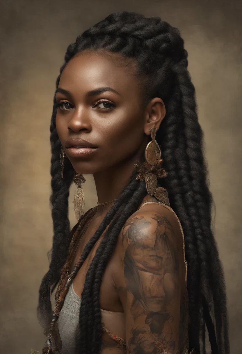 **Style postimpressionnisme, femme noire, Autoportraits introspectifs, Capturing inner thoughts, emotions, and Black women's identity through evocative and introspective self-representations. dreads locks de couleur or pure --V 4: 50** - (presque) --s 2