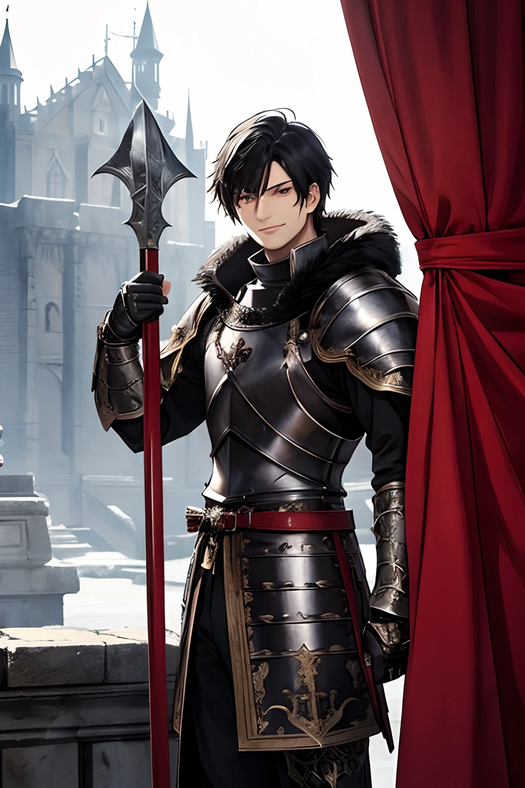 ((ArtStation)), ((Realistic face)), masterpiece, best quality, 1man, adult, masculine, male focus, mature, 20 year old, solo, black hair, smile, smirk, arrogant, ENTP man, medium lenght hair, red eyes, looking at viewer, cape, High quality metal texture, closed mouth, bangs, high collar,(kbxll:0.6), Fantasy aesthetics, Highly detailed, shadowverse style, medieval castle, knight, full plate armor, holding a axe, dragon