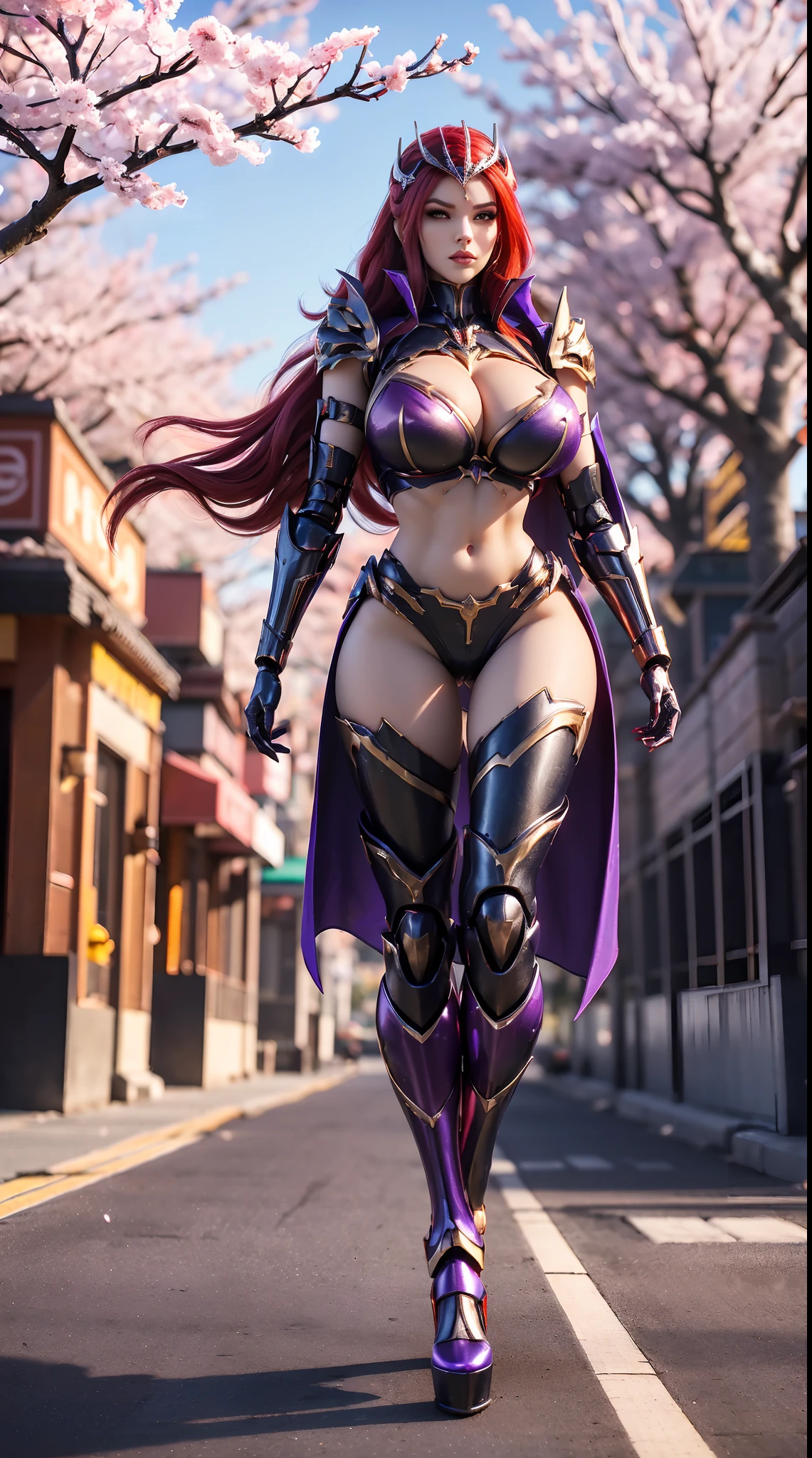 1GIRL, SOLO, (ssmile, makeup, beautifull eyes, red libs, red hair, gold dragon helm), (HUGE FAKE BOOBS:1.3), (GUARD ARM, FINGERLESS GLOVES), (black, purple, GIRL IN MECHA CYBER ARMOR CROP TOP, ROYAL CAPE, CLEAVAGE, BLACK SKINTIGHT HOTPANTS, HIGH HEELS:1.5), (SLENDER BODY, SEXY LONG LEGS, FULL BODY:1.5), (MUSCLE ABS:1.2), (LOOKING AT VIEWER:1), (WALKING DOWN ON STREET NIGHT CHERRY TREES:1.3), PHYSICALLY-BASED RENDERING, ULTRA HIGHT DEFINITION, 8K, 1080P.