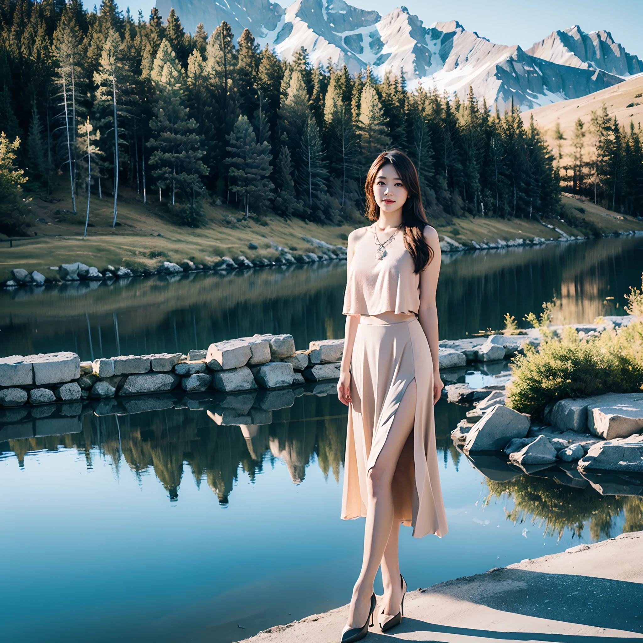 Gorgeous redhead woman with a wonderful face ,a magnificent outfit from the Louis Vuitton brand,magnificent Louis Vuitton jewelry and a lake background 