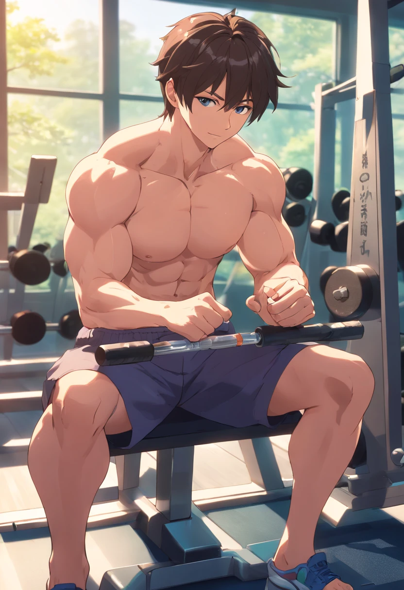 Satoshi Gojo conducts high-intensity training at the gym, buff, looking a viewer, gym, musculature , Exercise, sitting on a bench,of a shirtless