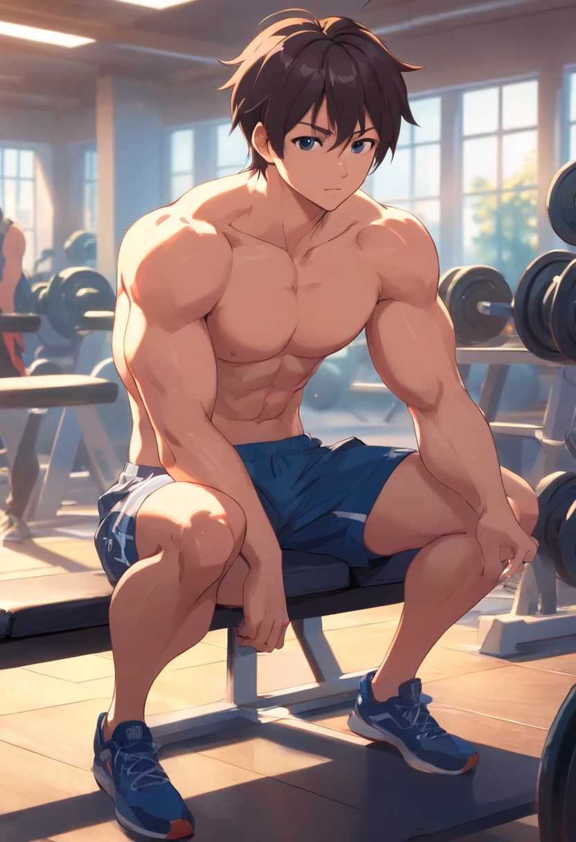 Satoshi Gojo conducts high-intensity training at the gym, buff, looking a viewer, gym, musculature , Exercise, sitting on a bench，of a shirtless