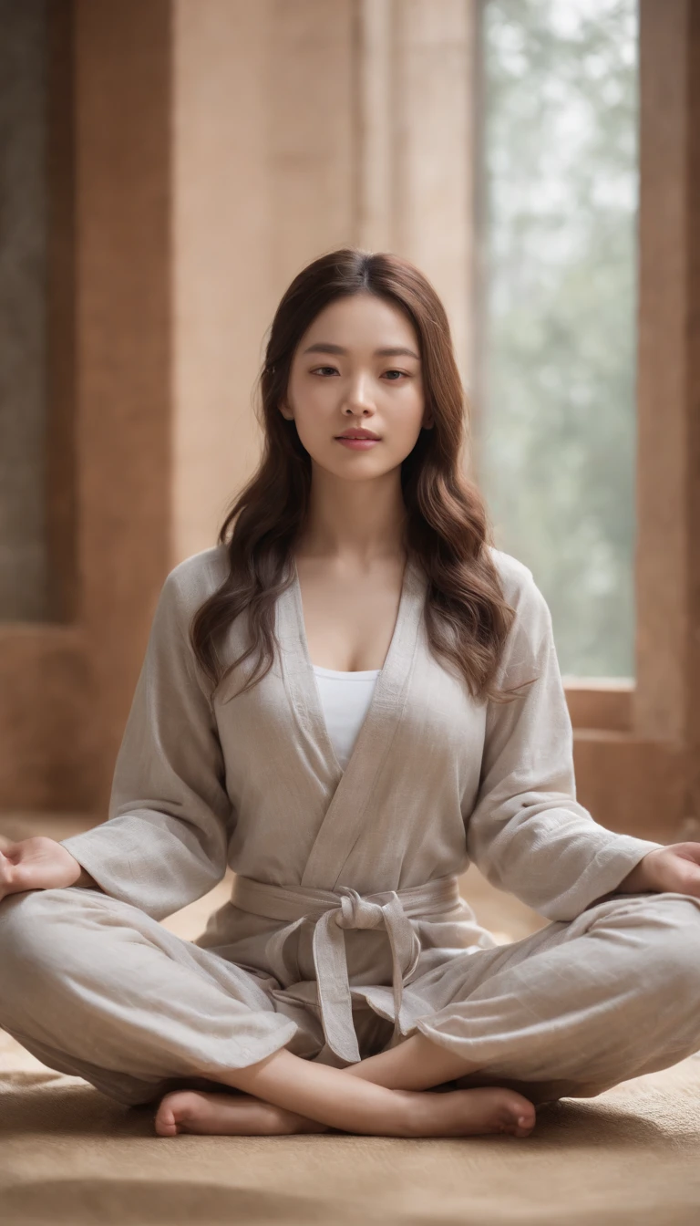 (Master parts:1.2),Best quality,Pisif,Taoist,(Meditation:1.1), soio,A girl with big breasts in pajamas ,Meditation cross-legged, Sweat all over your body, Floats,Transparent,Realistic