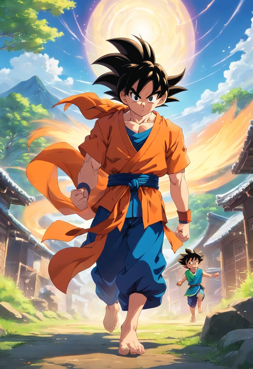 Teen Goku, outdoors ruala village, martial arts training. yeager Goku helps ??? broly leave from earth