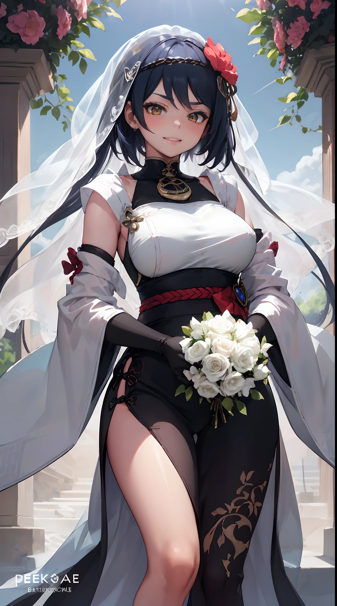 Kujou Sara | genshin impact, master-piece, bestquality, 1girls,25 years old, proportional body, proportional., Wedding Dresses, White Wedding Dress, Long skirt, wedding, ,bara, Standing in the middle of a flower garden, outdoor, wedding, The sky is beautiful, In a paradise of love and happiness............................................., The bride wears a Japanese dress and a seductive smile............................................., The passage of time stops at theirs............................................., On this wedding day of love and happiness............................................., Bright and beautiful flowers, Holding it in her hands symbolizes the envelopment of love............................................., Love and friendship through the transmission of flowers, In a paradise of love and happiness............................................., A bride in a yukata wearing a masika............................................., It is a form of beauty and elegance............................................., Show your spouse your heart............................................, In a paradise of love and happiness............................................., Kochikugisa is the tree of new beginnings............................................., And their love and affection.........................................., And suck a lot of love............................................., Flowers represent love and peace............................................., In a paradise of love and happiness............................................., View viewers from the front., Thigh strap, Head tilt, bored, 10, 10, HD, slight smile,