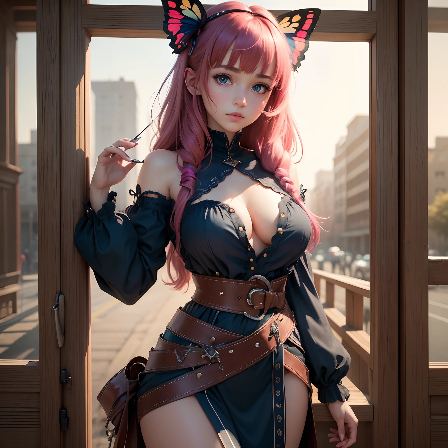 8k, masterpiece, best quality, realistic, higly detailed, cowboy shot, 1girl, solo, Nino, cute, cold-looking girl, waist-length straight hair, square bangs hanging over eyebrows, reddish-pink hair, twin butterfly-shaped ribbons on both sides of head, dark blue eyes, average height, well-endowed figure, ?????????????, fashionable girl, various cute accessories, takes care of nails, Truther