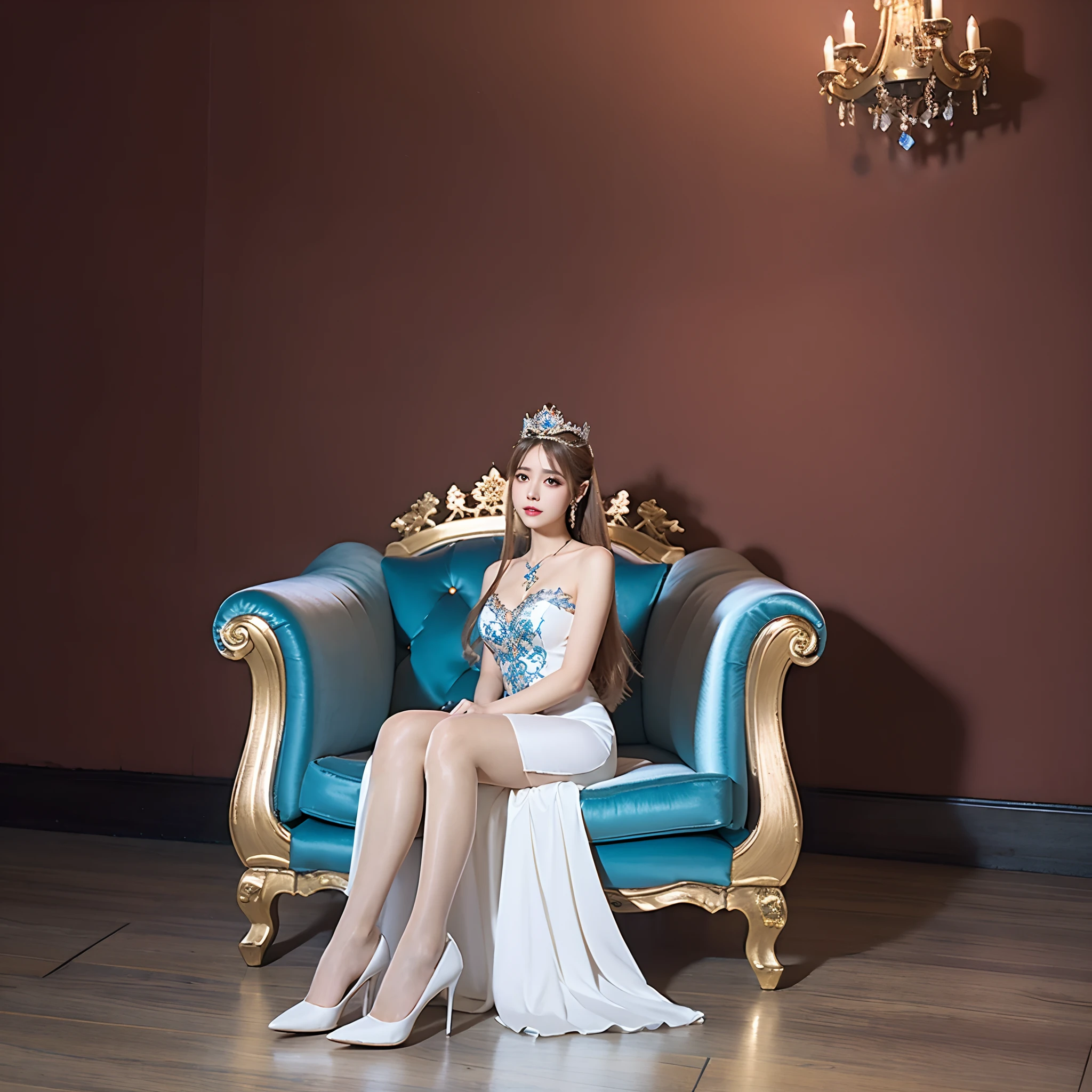 Scarlett Johansson,Raised sexy,Long legs,Plump legs,Stretch your feet forward,black lence stockings,White bra,Sit on the throne of the palace,Domineering queen
