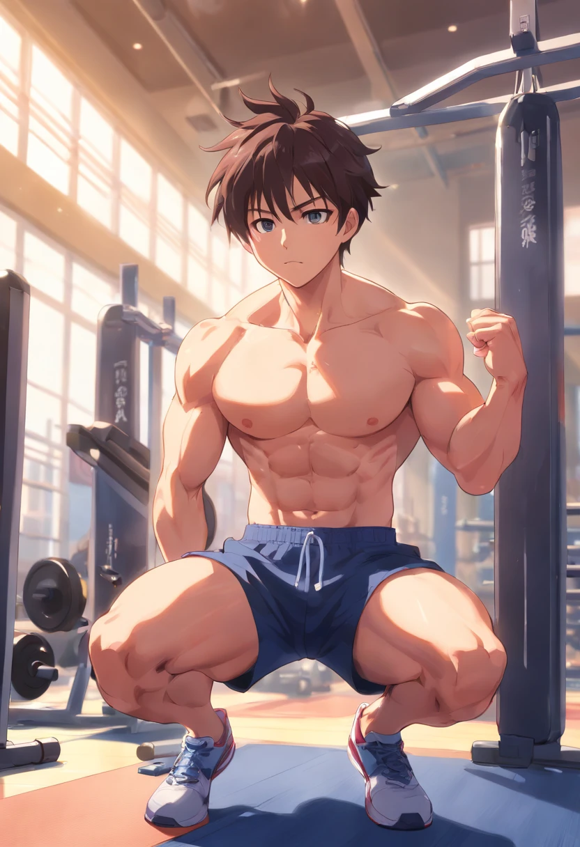 Satoshi Gojo does high-intensity training in the gym, buff, looking a viewer,, musculature , Exercise, Get out of bed，of a shirtless，shorter pants