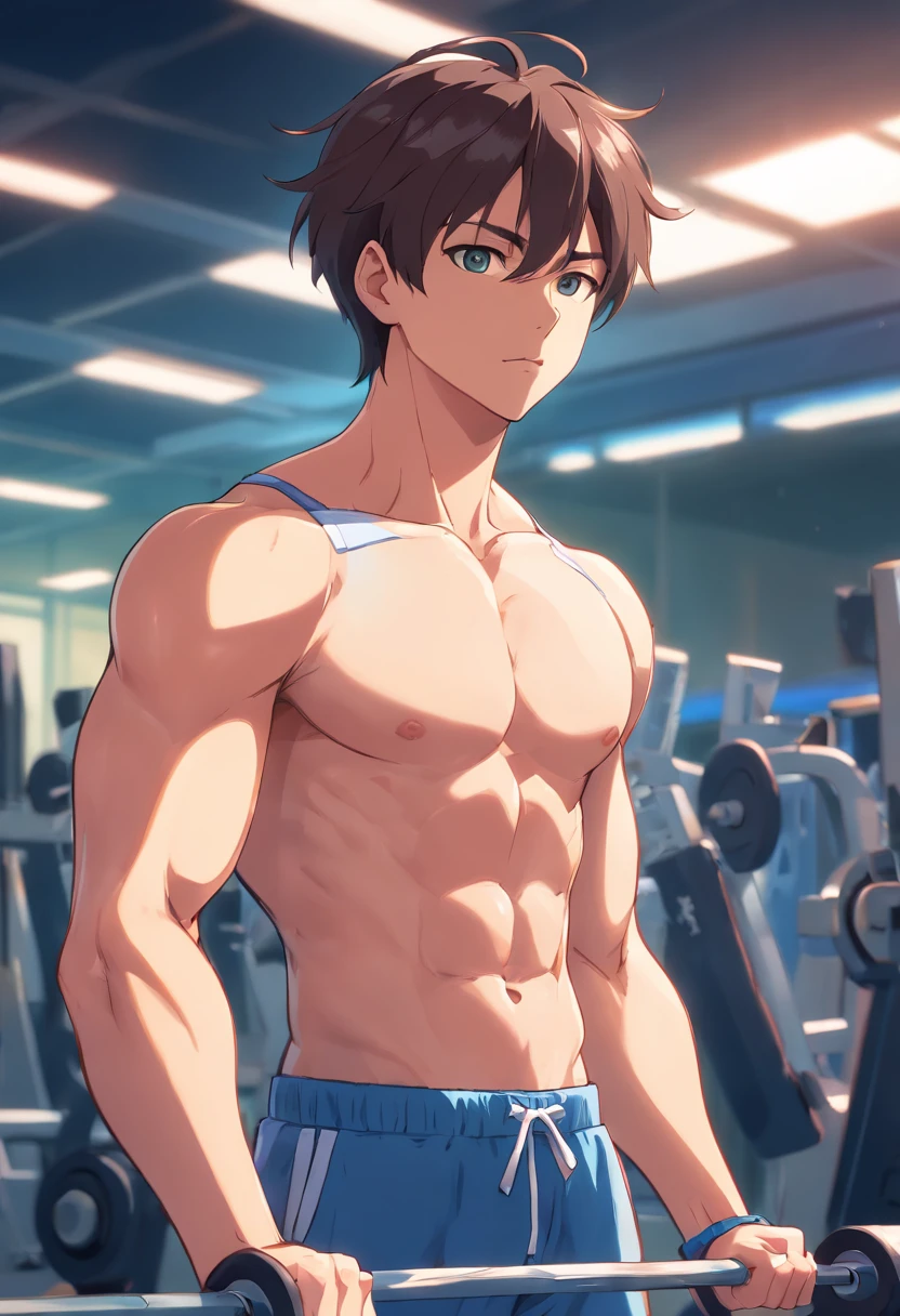 Satoshi Gojo does high-intensity training in the gym, buff, looking a viewer,, musculature , Exercise, Get out of bed，of a shirtless，shorter pants