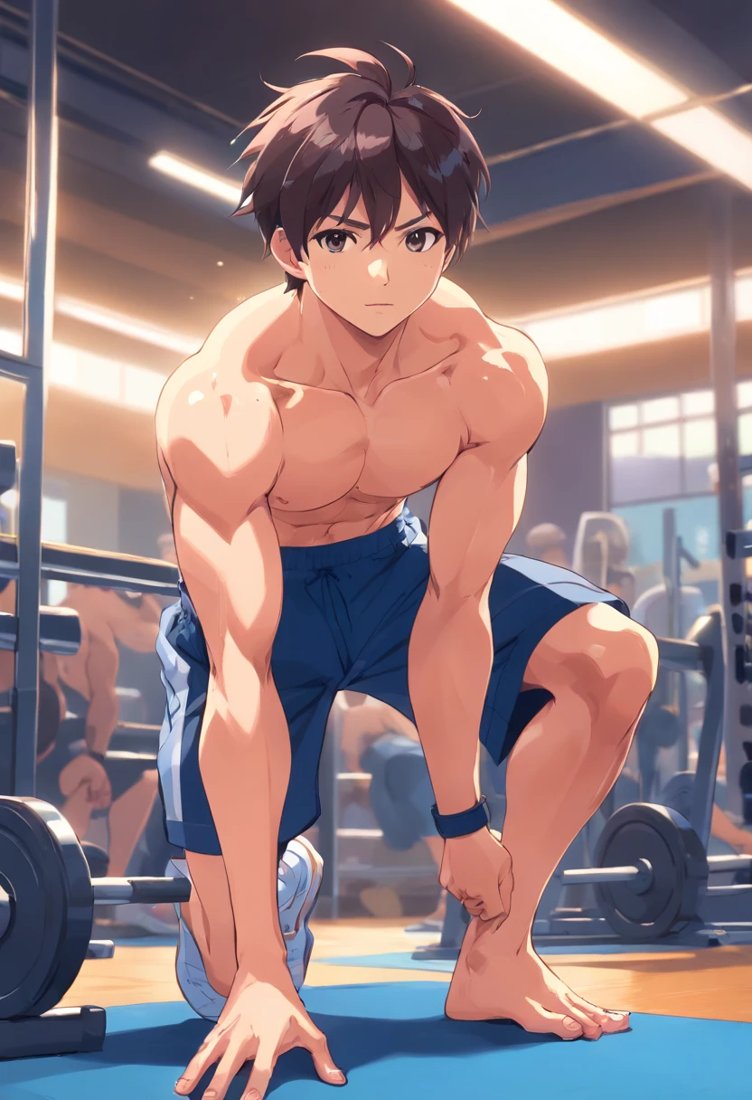 Satoshi Gojo does high-intensity training in the gym, buff, looking a viewer,, musculature , Exercise, Get out of bed,of a shirtless,shorter pants