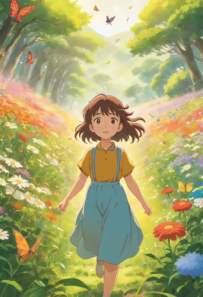 High Detail, Ultra Detail, 8K, Ultra High Resolution A cute and innocent girl, child, toddler, enjoying her time in the open field, surrounded by the beauty of nature, warm sun sprinkling on her, wildflowers gently swaying in the breeze. Butterflies and birds flutter around her, adding to the playful atmosphere,
