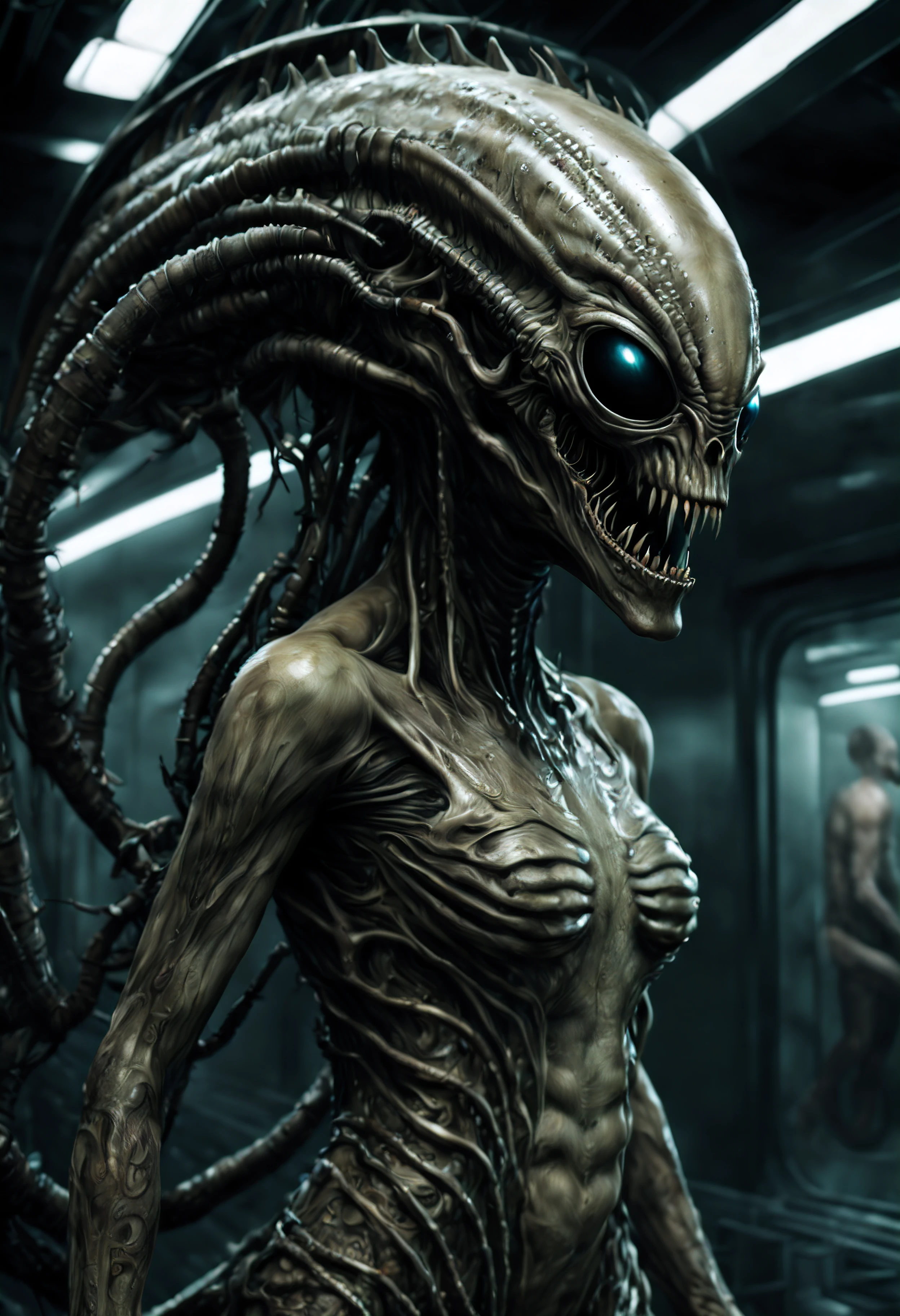 masterpiece, a creepy scary alien creature with alien skin and clothing, with a damp and steamy highly detailed spaceship corridor in the background, sci-fi, flickering halogen lamps, muted dark colors, high dynamic range, aggressive pose, sultry, full body, perfect face, detailed face, perfect body, alien tattoos, scars, smudge, oil greased skin, complex details, highly detailed body, highly detailed skin, highly detailed face, reflective textures, wet skin, dripping water, The Alien film franchise, photorealistic, masterpiece, hyperrealism, analog style, 8K UHD, RAW, octan render, concept art, professionally color graded, muted LUT, HR Giger, Hans Ruedi Giger, by Aaron Horkey and Jeremy Mann