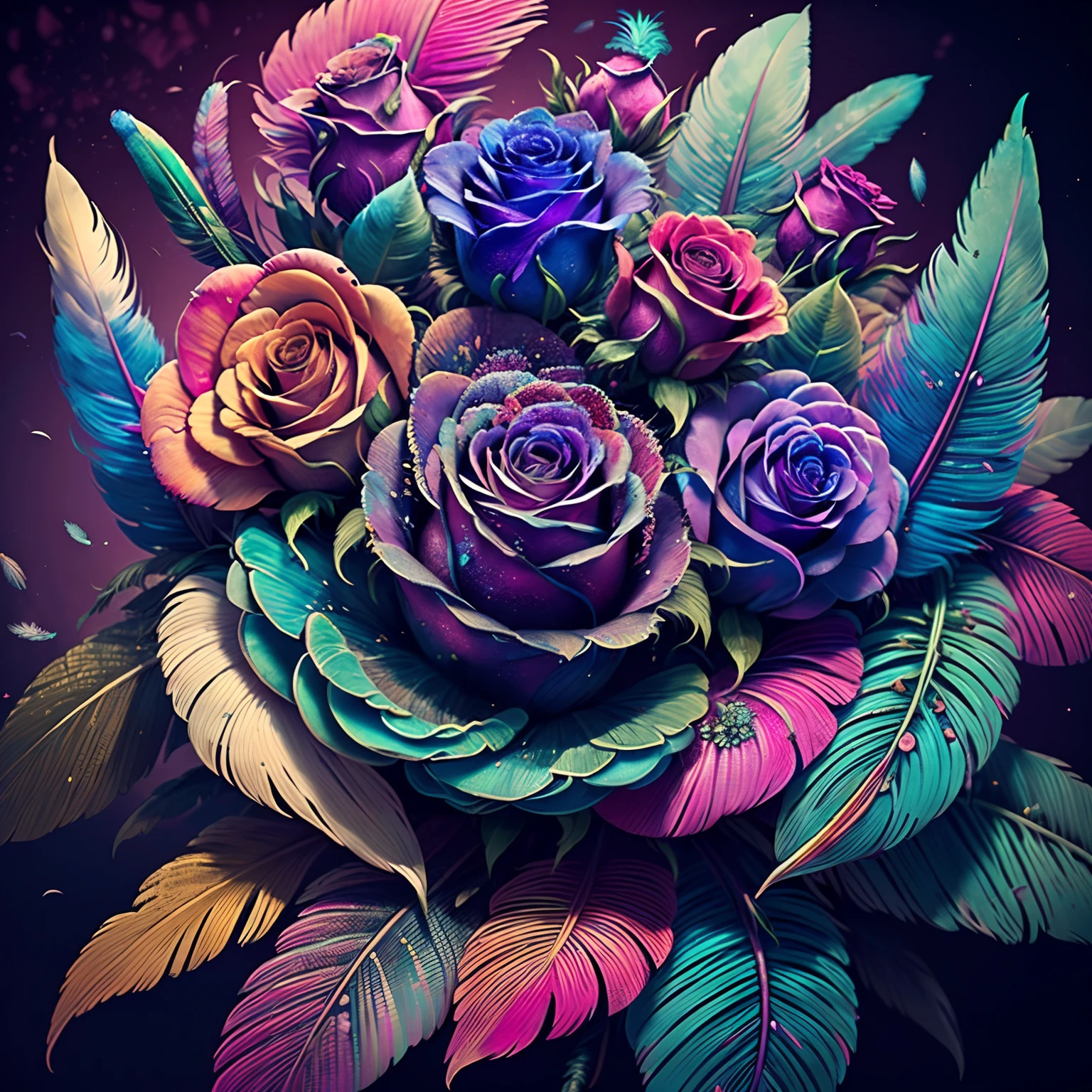 Riff Style 2 (top-quality, Best Quality, Official art, Plants and bird feathers, Beautiful and aesthetic flowers:1.2), (roses:1.3), Extremely detailed,(Fractal Art:1.1),(Colorful:1.1)(Flowers:1.3),highest details,(Zentangle:1.2), (Dynamic Pose), (Colorful abstract background:1.3), (Glossy flowers), (Many colors:1.4), Colorful Accessories, (Feathers:1.5)