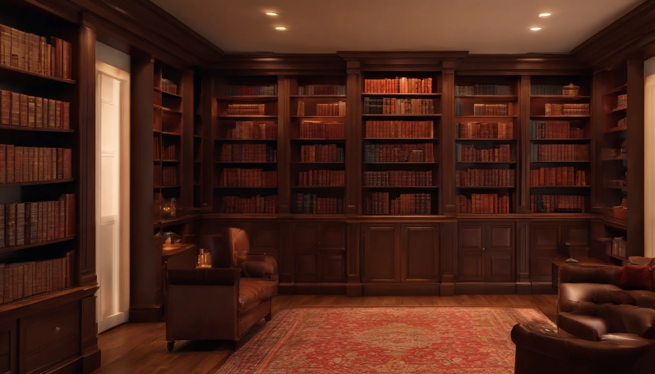 Library ，Gorgeous renovation，refrigerator，cupboard，Wide scene，in a panoramic view，From the outside, hyper HD, High details