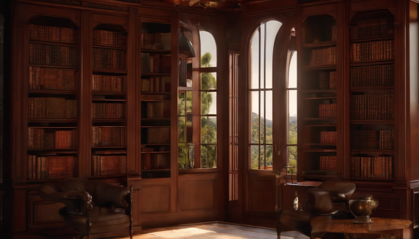 Library ,Gorgeous renovation,refrigerator,cupboard,Wide scene,in a panoramic view,From the outside, hyper HD, High details
