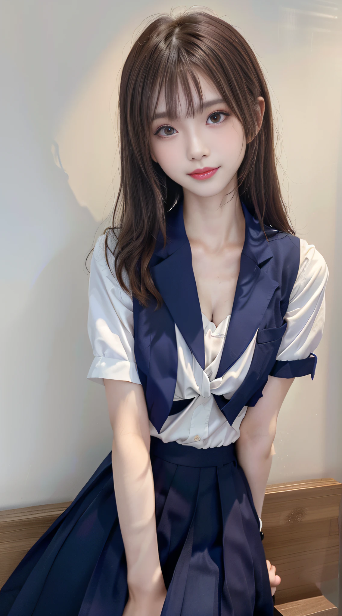 1womanl, （middlebreasts）, light brown hair, Blunt bangs, hair behind ear, hair over shoulder, （Long hair）,wetting hair,（ slender body shape）, （Ultra Fine Face）, Delicate lips,（beautidful eyes）, thin blush, Brown eyes, （shinny skin, flawless skin :1.3）,鎖骨, hide one's hands,（ a choker,Dark blue blazer,white  shirt,  Dark blue flared skirt),(a japanese girl),(Posture with armpits wide open：1.3),Smile,,bustshot,（bamboo forrest:1.5）