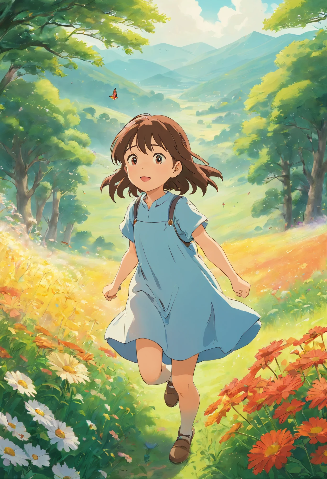 High Detail, Ultra Detail, 8K, Ultra High Resolution A cute and innocent girl, child, toddler, enjoying her time in the open field, surrounded by the beauty of nature, warm sun sprinkling on her, wildflowers gently swaying in the breeze. Butterflies and birds flutter around her, adding to the playful atmosphere,