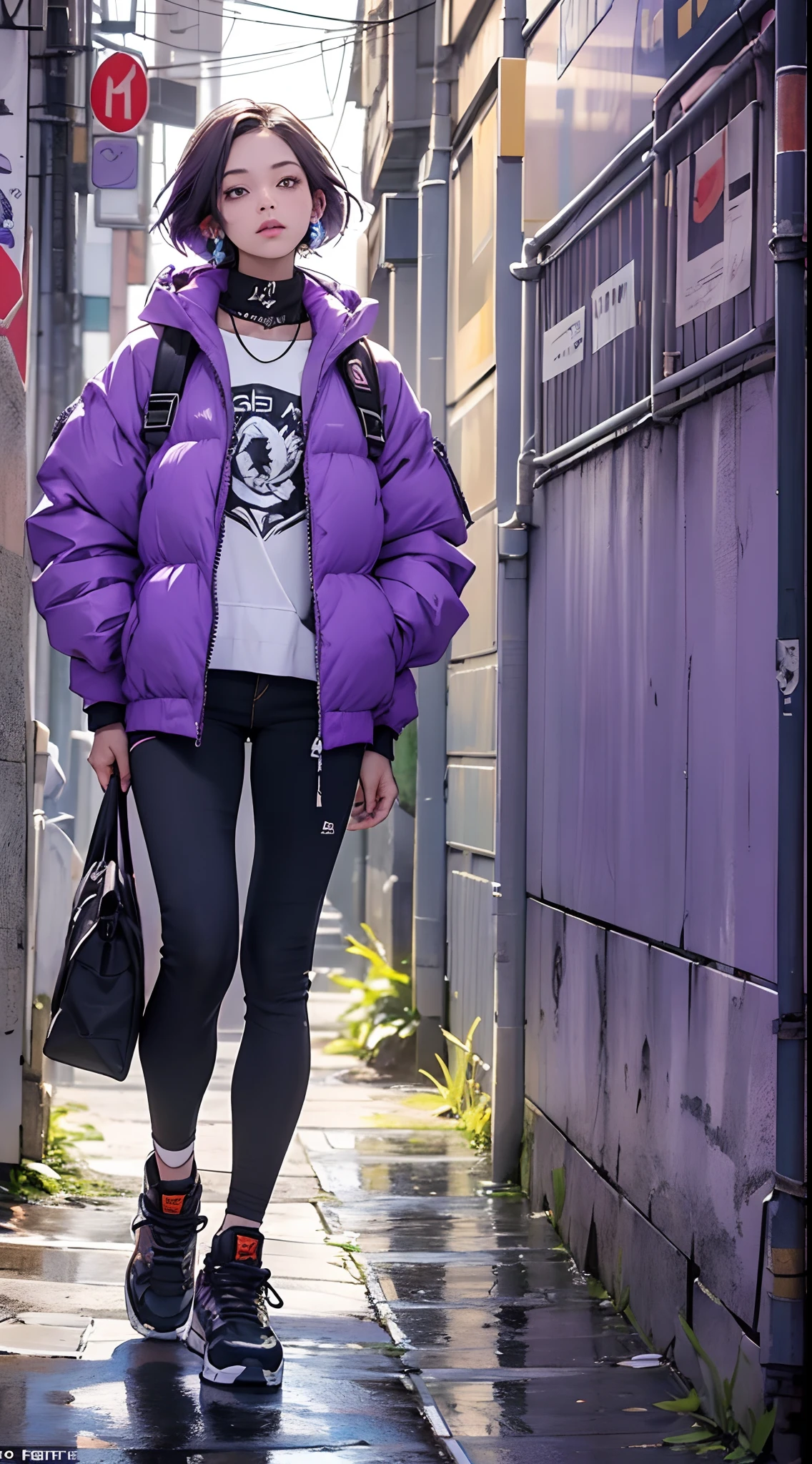 roxo: 1.5, laranja: 1.1, Branco: 1.3, amarelo: 1.3, (garota rapper com cabelo pavor), tatuagens, (roupas puffer do poder: 1.2), flor, folhas, mistborn, linhas, background circles, purple clothing.
