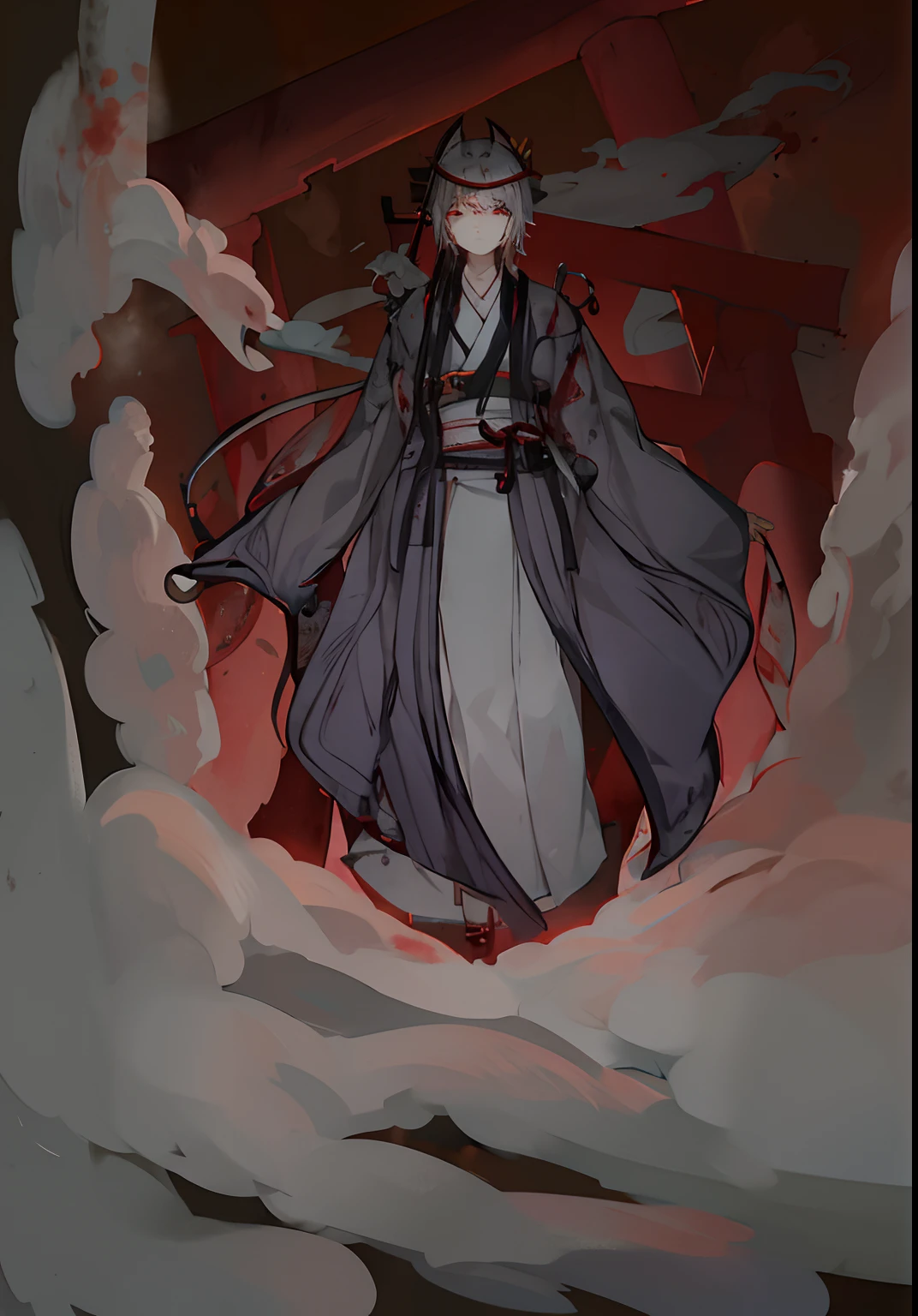 high-level image quality、Fox、Person 1、white hair 、Kimono、torii gate、Yuki、Bloods 、The tree、blood stain、canny、terrifying 、Light from behind、。Faceless 、 Background torii、shrines 、Left arm out of kimono、With a right hand smoke pipe、fumo