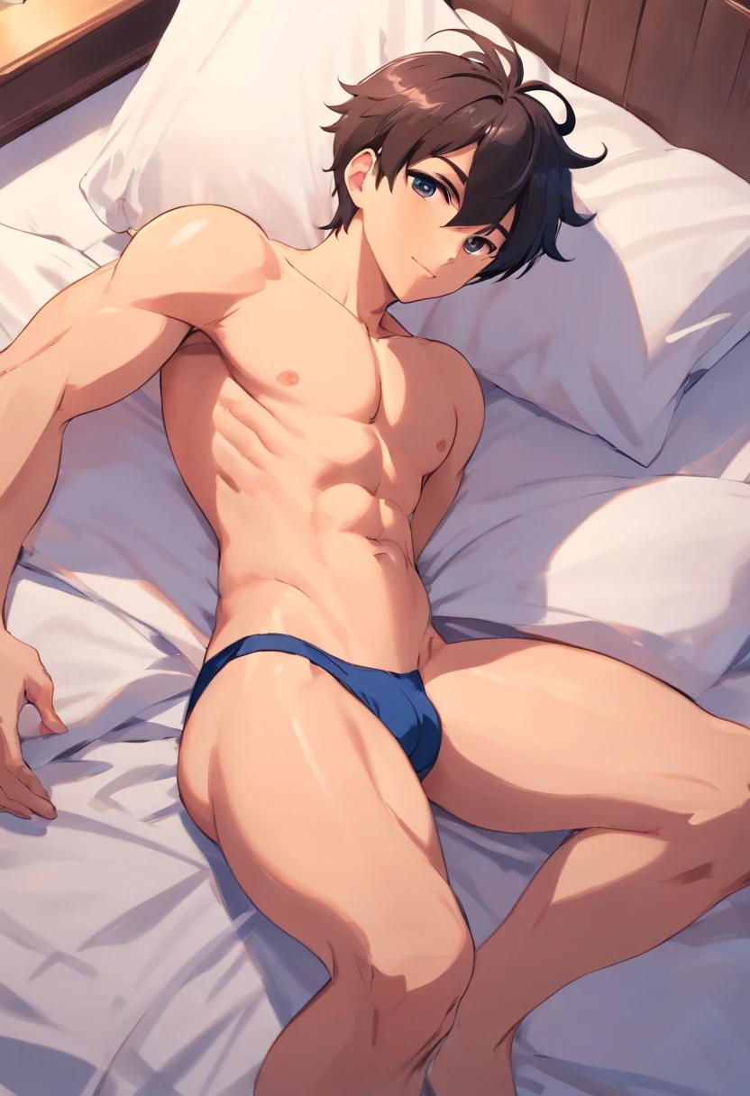 Satoru Gojo, buff, looking a viewer,, musculature , Exercise, Lie down in bed，of a shirtless，Thong panties