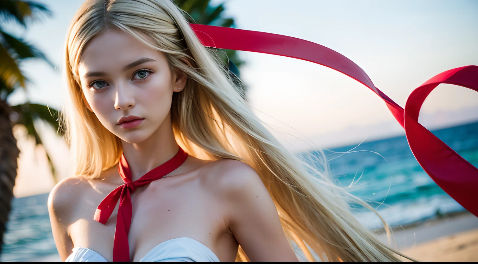 attractive, slim, fair-skinned, young woman, long hair, ((blond hair)), ((aqua-blue eyes)), supermodel, ((red ribbon tie on her hair)), white dress, summer dress, , upper body, beauty, solo, extremely beautiful face, exquisite face