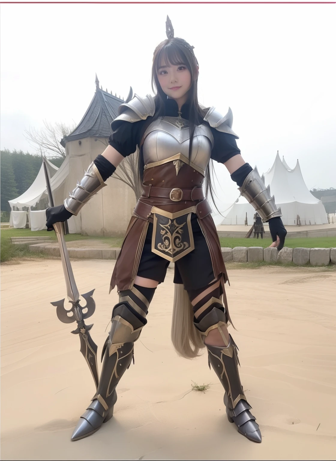 Young woman in fantasy costume、、large full breasts、beautiful foot、、、Good Style、、、armor dress、mace、Leg armor