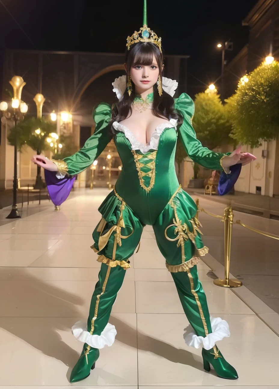 Young woman in luxurious prince costume、Good Style、、Leotard、、Idol face、large full breasts、Shiny Green Costume、、、diadems、Ruffled tops