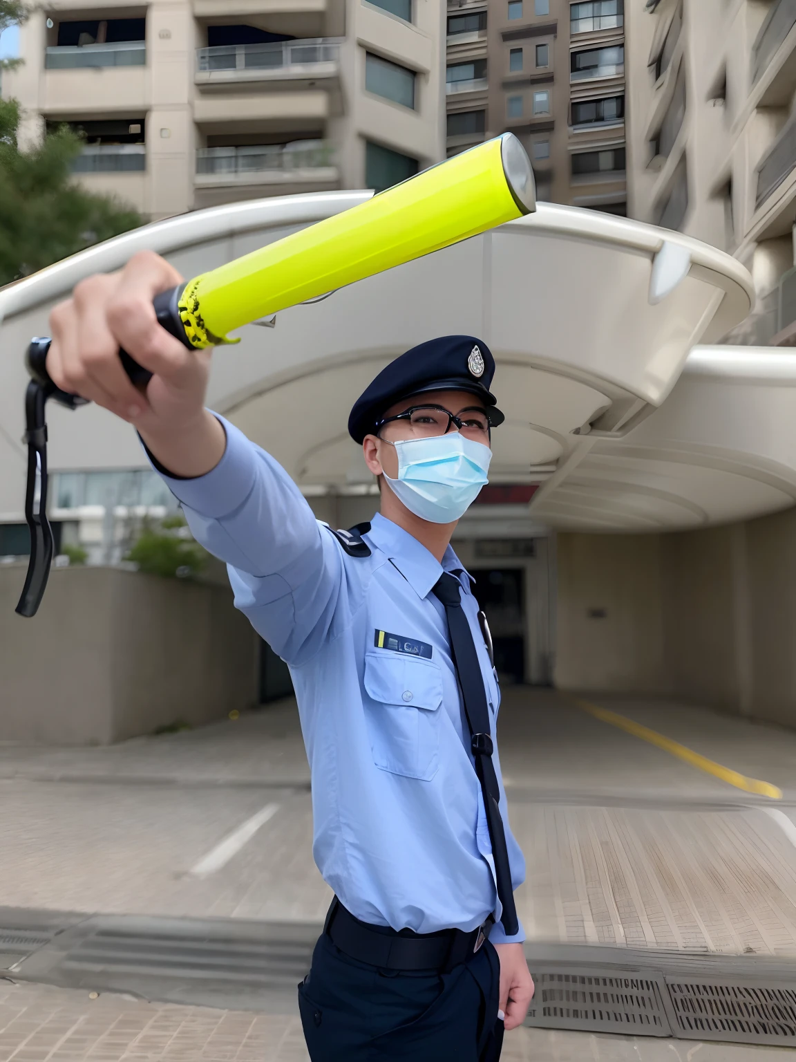 Alafard police holding a yellow bat in front of the building, police officers!!, Afp, police officers, traffic police woman, holding an activated lightsaber, security agent, Armed with a blue lightsaber, professional art, the photo shows a large, professional, Hold a cane, very professional, holding sabre, author:Emma Andievska