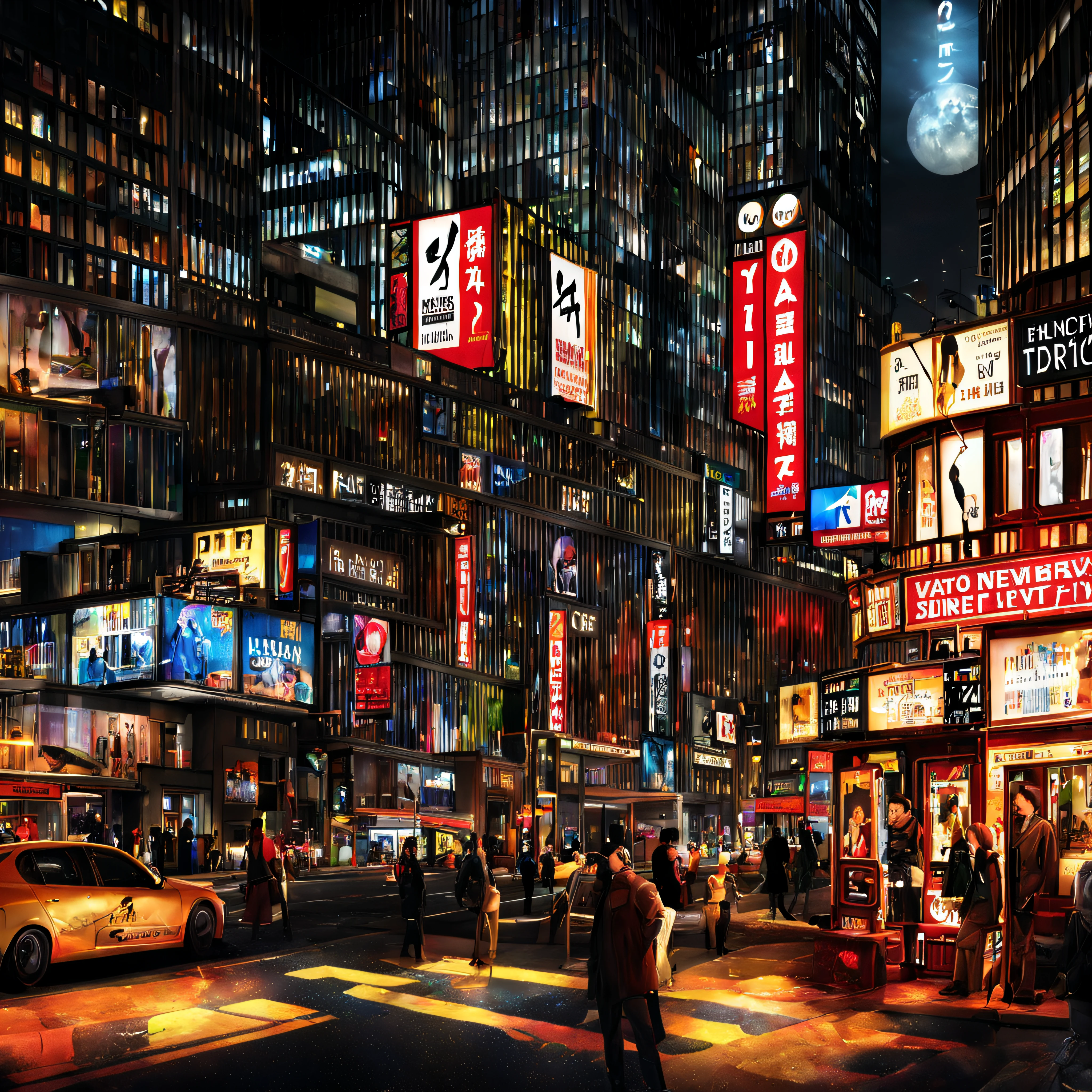 Arafed image of a busy city street at night with neon signs - SeaArt AI