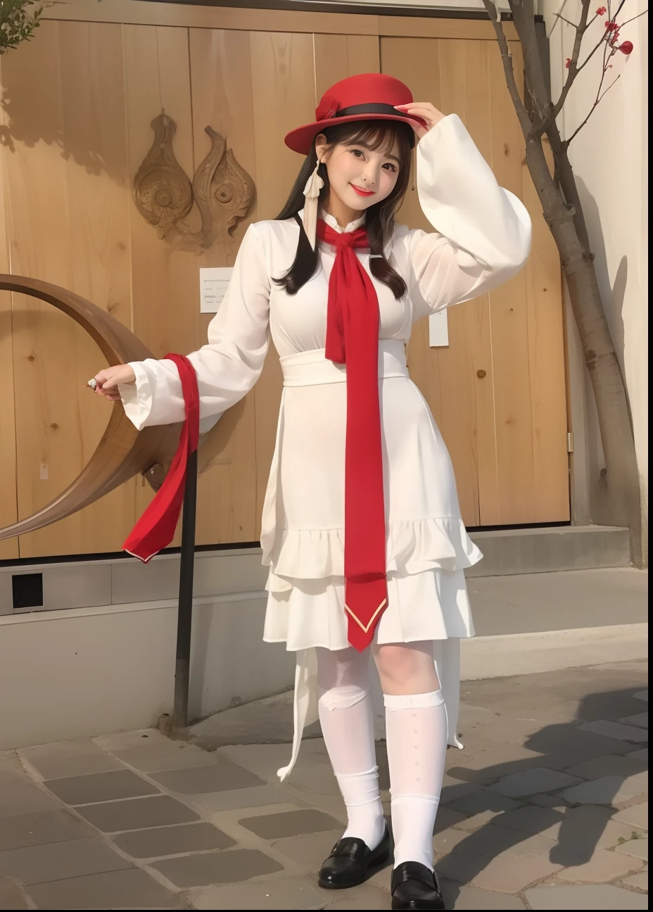 Idol in fantastic costume、large full breasts、beautiful foot、、a miniskirt、Good Style、White clothes、、silk hat、Red muffler、White tights