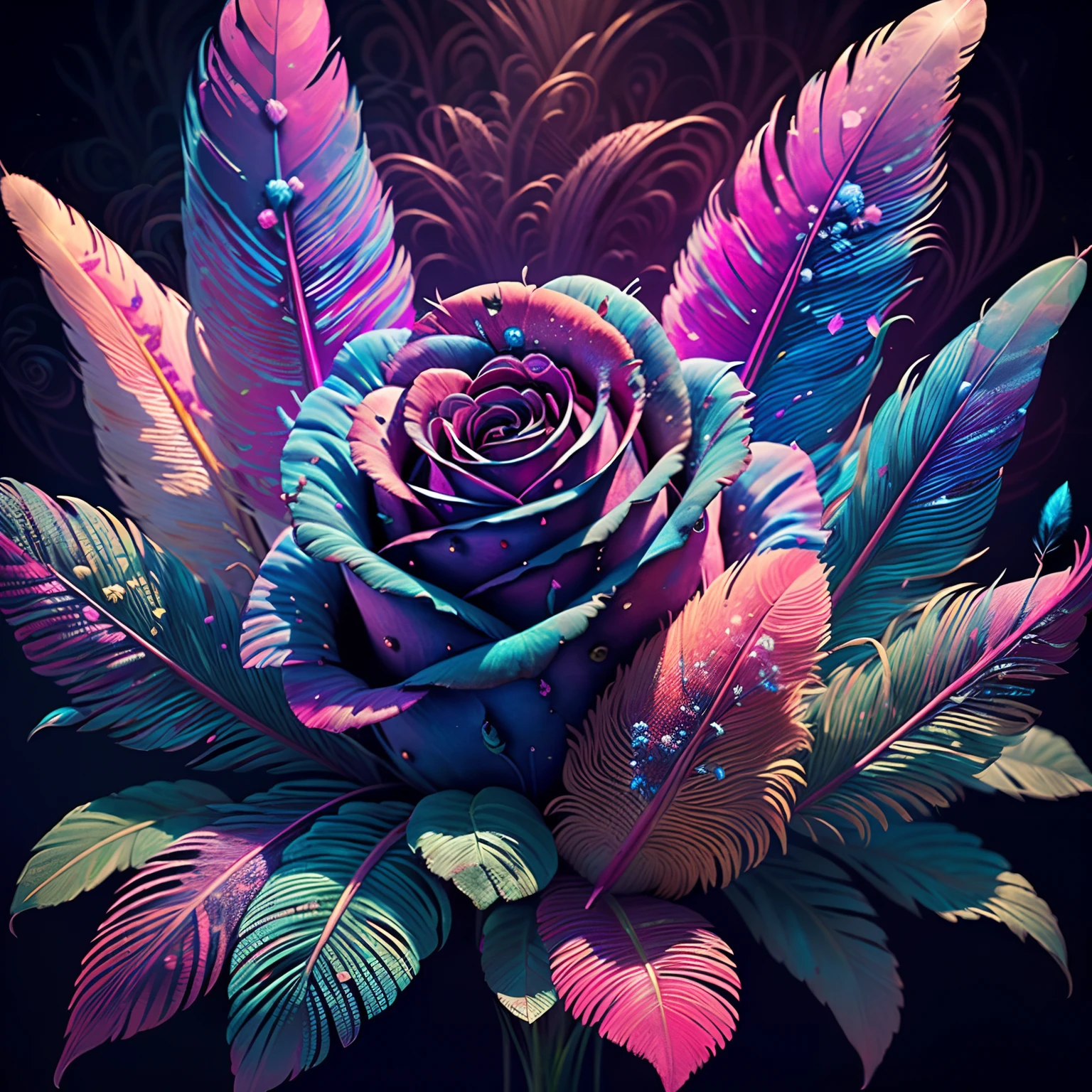 Riff Style 2 (top-quality, Best Quality, Official art, Plants and bird feathers, Beautiful and aesthetic flowers:1.2), (roses:1.3), Extremely detailed,(Fractal Art:1.1),(Colorful:1.1)(Flowers:1.3),highest details,(Zentangle:1.2), (Dynamic Pose), (Colorful abstract background:1.3), (Glossy flowers), (Many colors:1.4), Colorful Accessories, (Feathers:1.5)