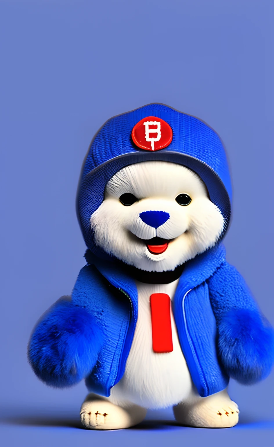 There was a baby wearing a blue hoodie,Wear a blue teddy bear hat, an animated character, toon render keyshot, cheburashka, cute 3 d render, 3 d character, 3d character, Personagem pequeno. Unreal Engine 5, Fanart, 3 d character render, promotional render, C4D, colored zbrush render, 3D model of a Japanese mascot