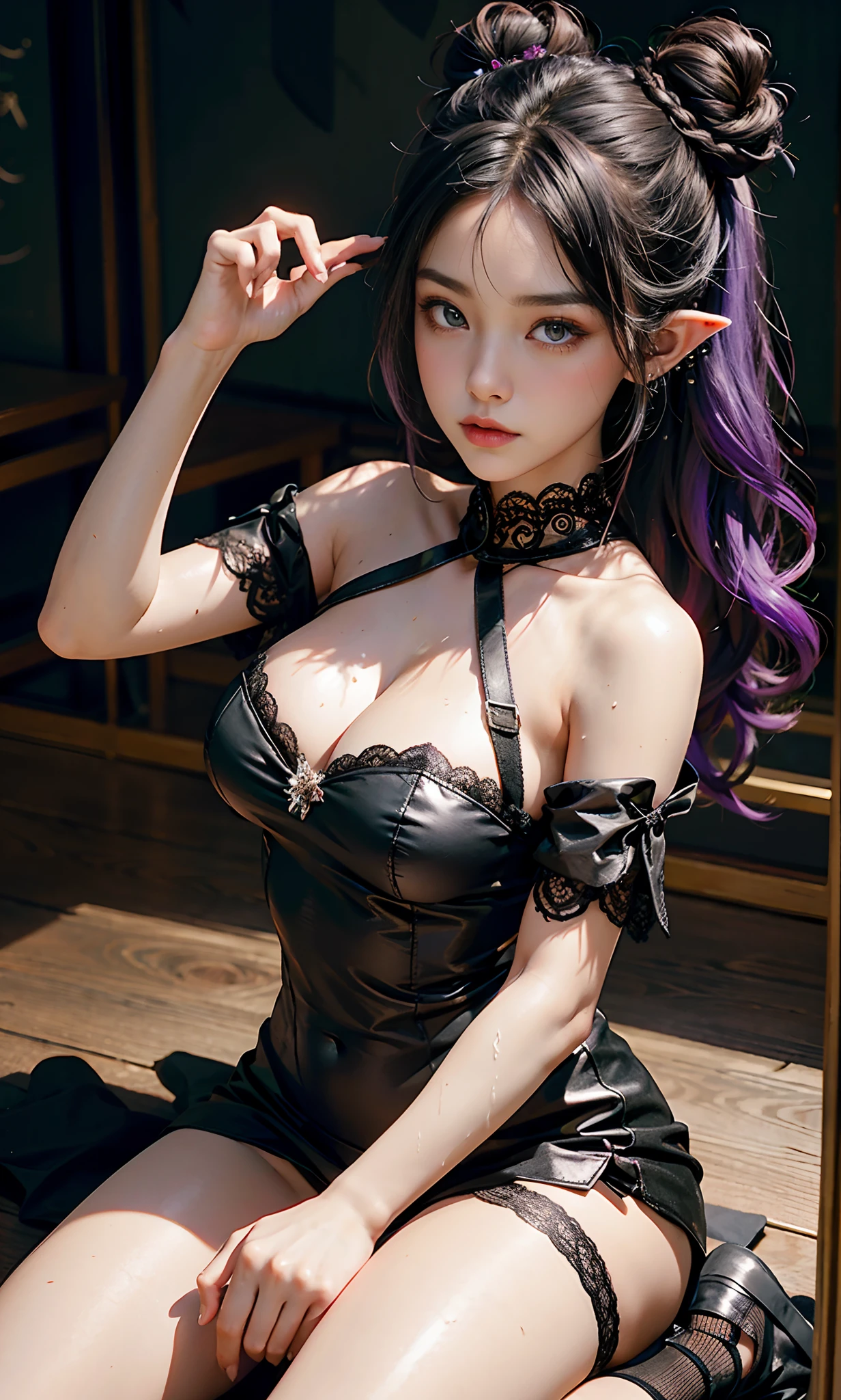 （raining day：1 bun lady，Jade foot，Purple hair combed into a bun, Kneeling pose）， tmasterpiece， best qualtiy， RAW photogr， realisticlying， the face， Incredibly Ridiculous res， Beautiful elf beauty， ear studs，Get wet all over， (Ultra-short dark black hair，double bun hair)， black formal，(black lence stockings)，Black stockings，Stocking feet，(no shoe)，depth of fields， A high resolution， ultra - detailed， filigree， RAWE is very detailed， very detailed eyes and faces， Sharp pupils， realistic pupil， tack sharp focus， cinmatic lighting，full bodyesbian，Bigboobs，long leges，From the front side，Main street on a rainy day，dynamicposes