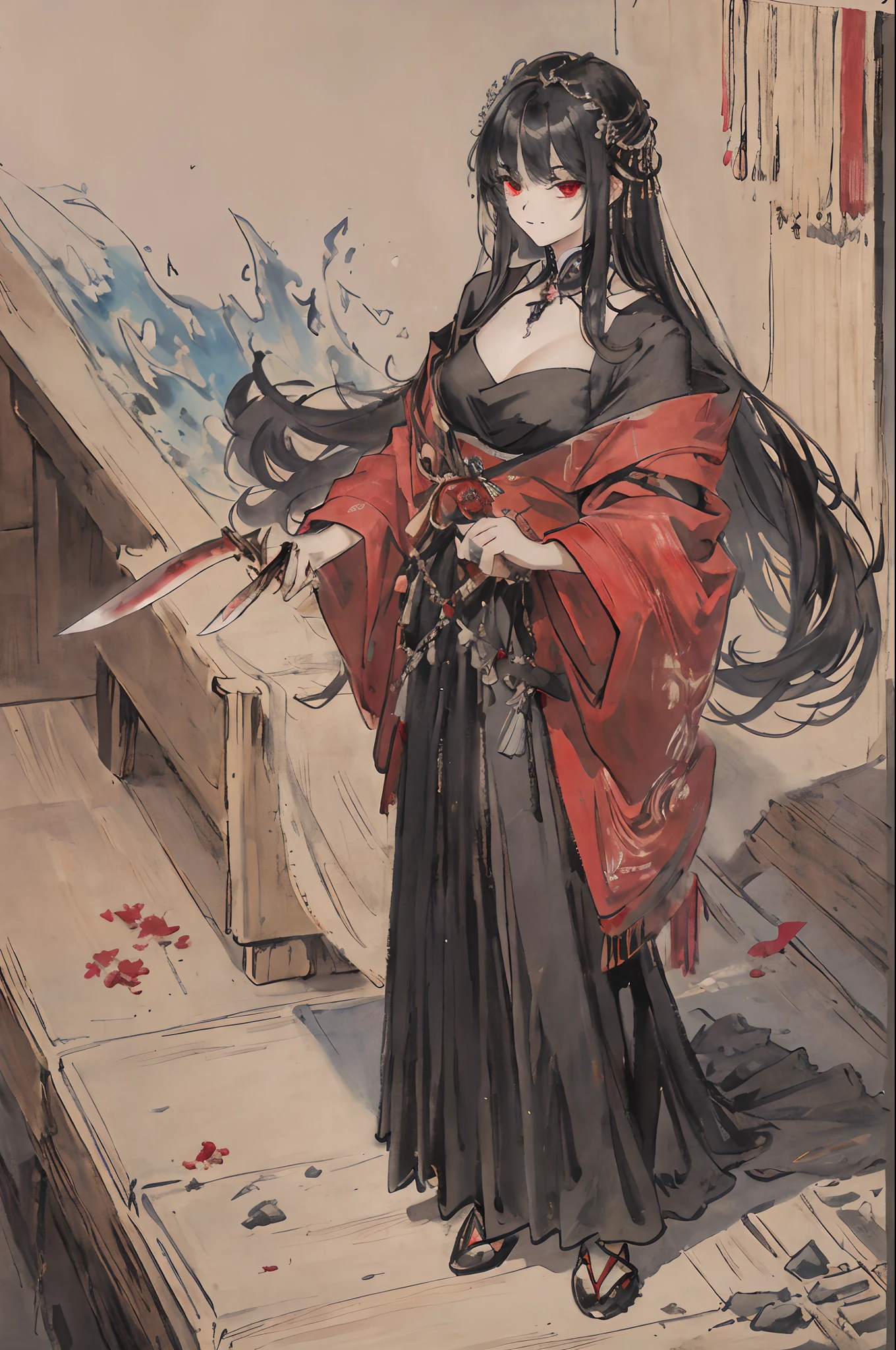 tmasterpiece,Need,The best beautiful girl,Extremely beautiful,World Masterpiece Theatre,super-fine,Need,Need，1womanl，cabelos preto e longos，Carry a long red knife，Black eyes，icy，standing on your feet，Look at the knife in your hand,A high resolution,Need,1girl,Need,illustratio,looking at viewert, impasto, canvas, oil painted, realistic, realist,real,