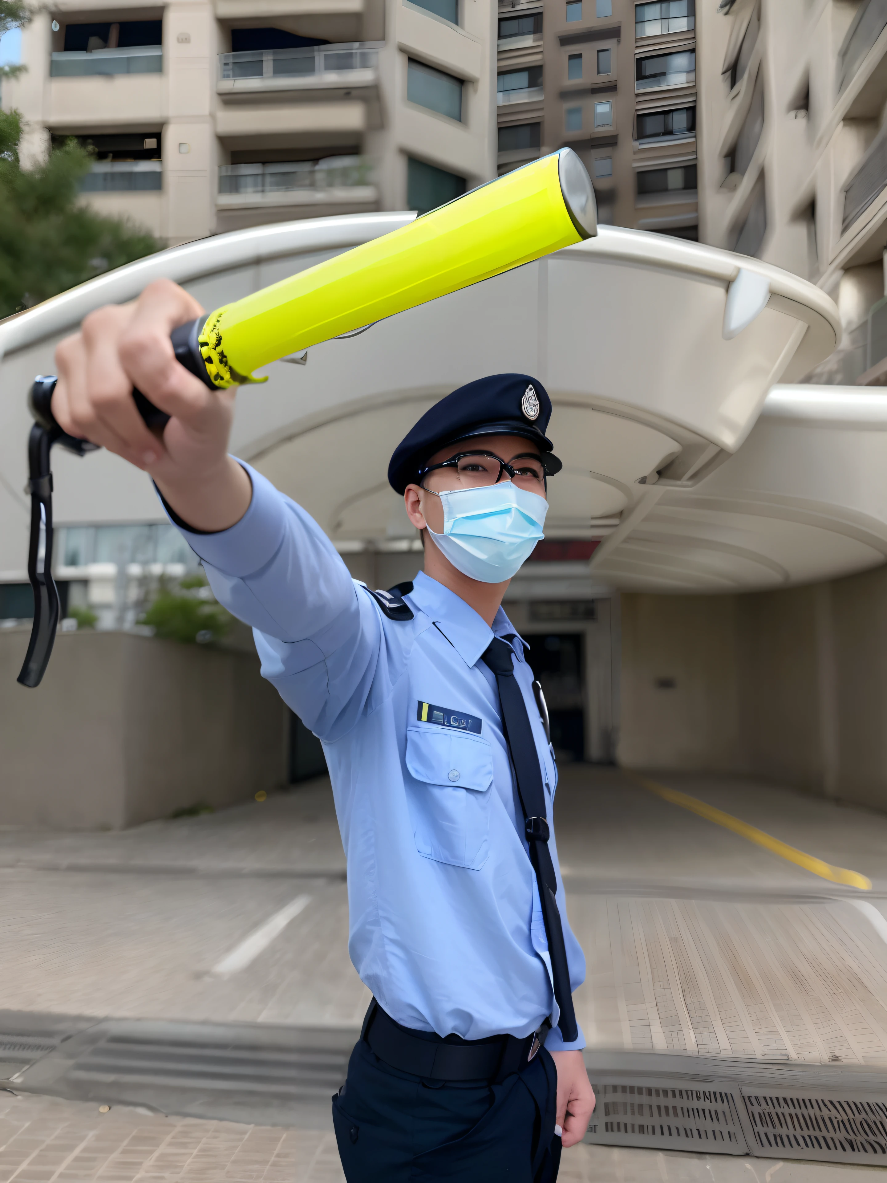 Alafard police holding a yellow bat in front of the building, police officers!!, Afp, police officers, traffic police woman, holding an activated lightsaber, security agent, Armed with a blue lightsaber, professional art, the photo shows a large, professional, Hold a cane, very professional, holding sabre, author:Emma Andievska